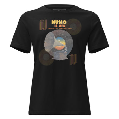 Music Is Life, That’s Why Our Hearts Have Beats - Retro Vinyl Black Motivational Women’s T-Shirt