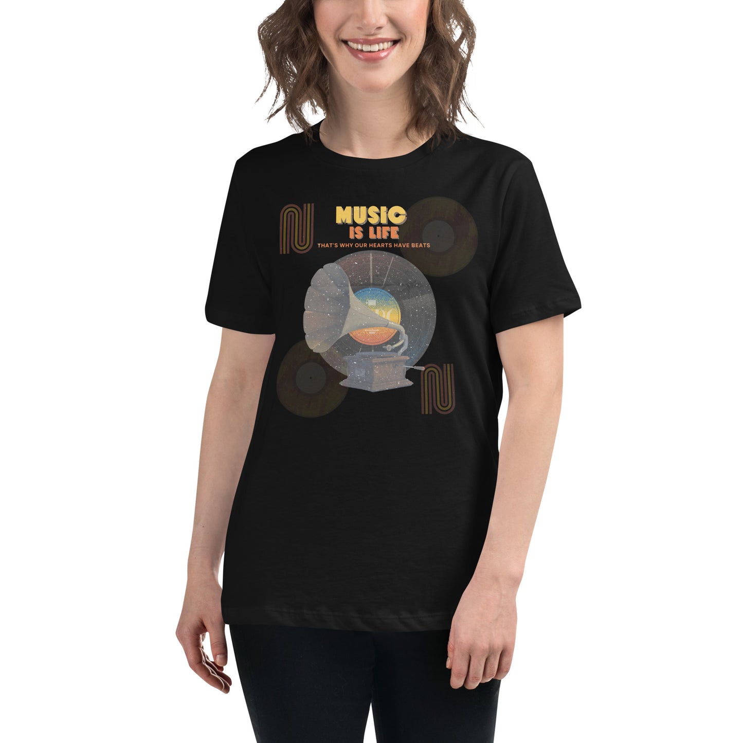 Music Is Life, That’s Why Our Hearts Have Beats - Retro Vinyl Black Motivational Women’s T-Shirt Lifestyle
