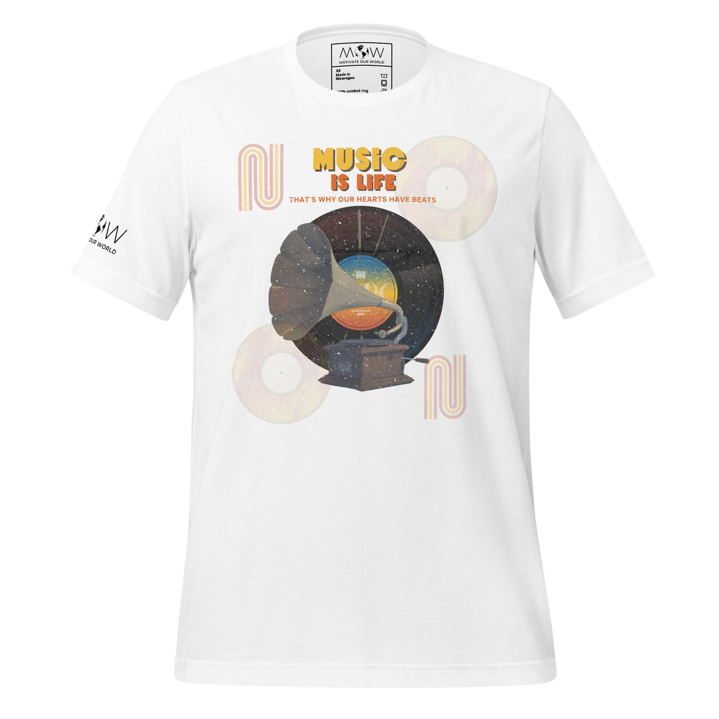 Music Is Life, That’s Why Our Hearts Have Beats - Retro Vinyl White Motivational Men's T-Shirt Lifestyle