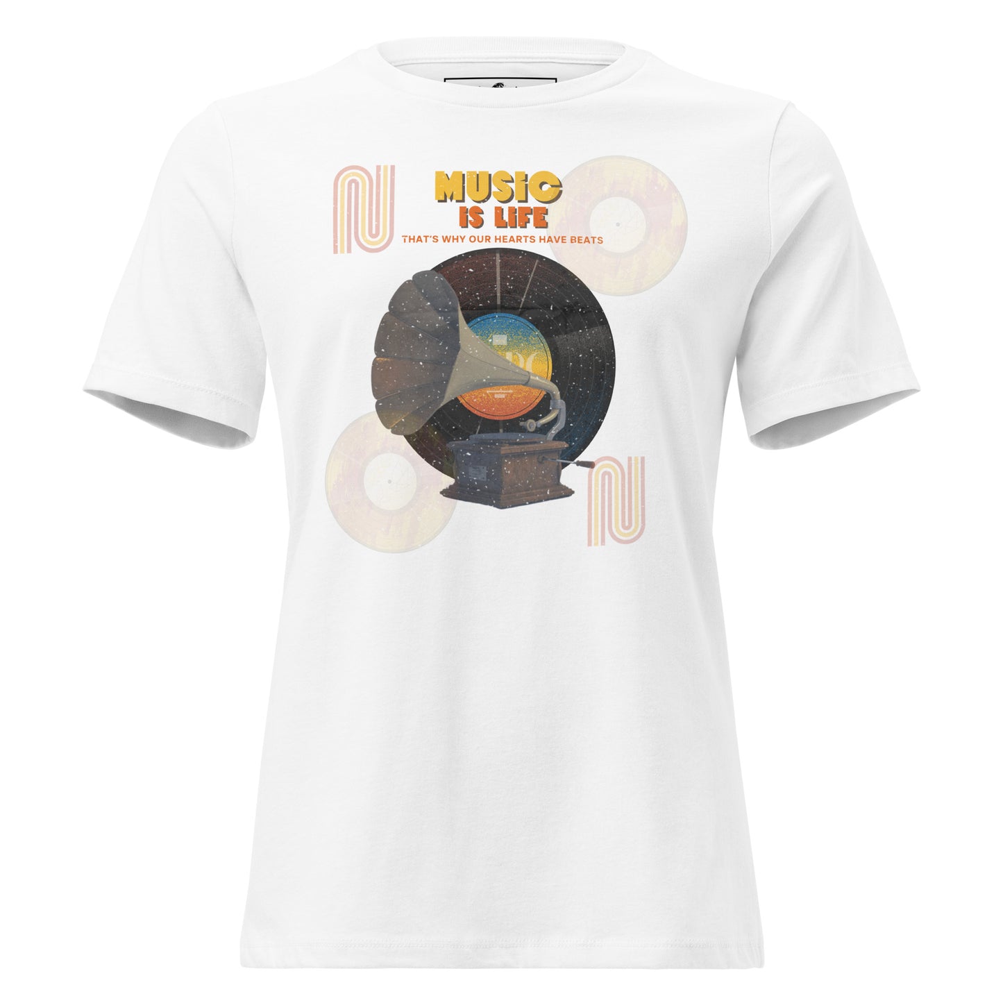 Music Is Life, That’s Why Our Hearts Have Beats - Retro Vinyl White Motivational Women’s T-Shirt