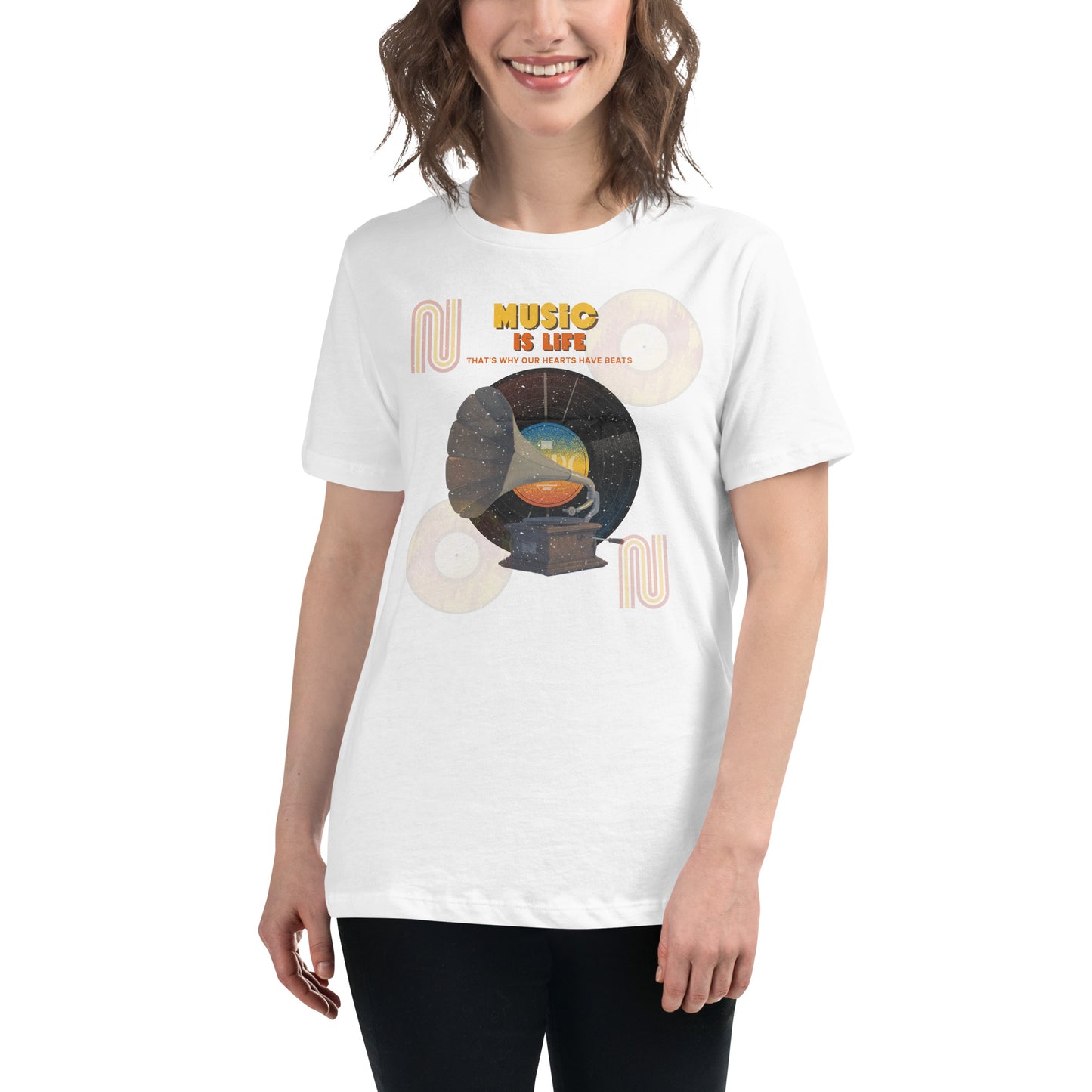 Music Is Life, That’s Why Our Hearts Have Beats - Retro Vinyl White Motivational Women’s T-Shirt Lifestyle