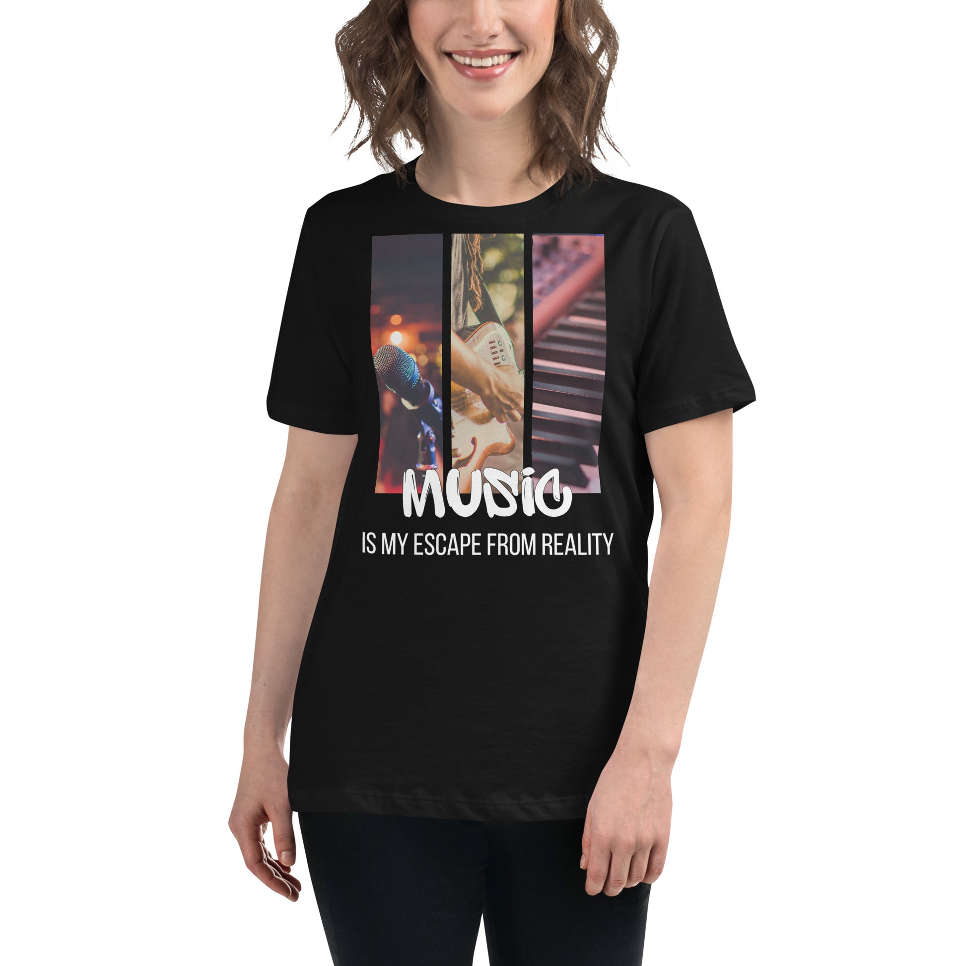 Music Is My Escape From Reality - Live Vibes Edition Black Motivational Women’s T-Shirt Lifestyle