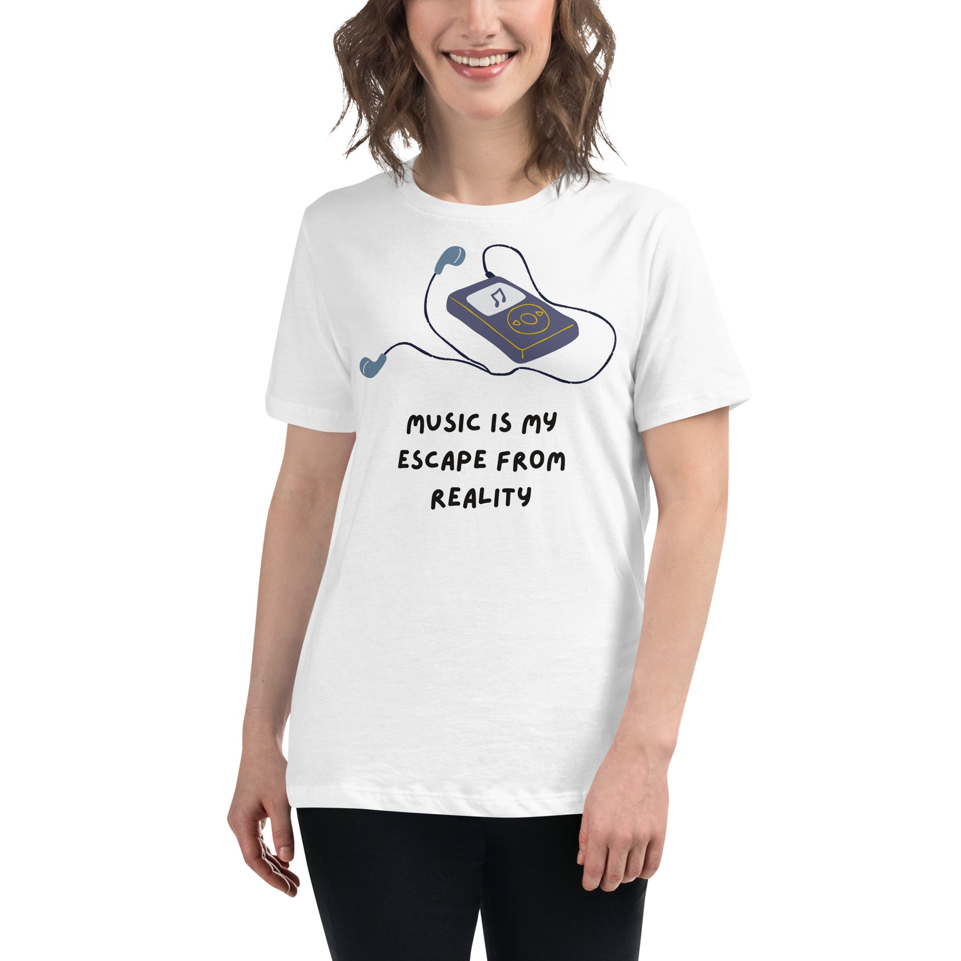 Music Is My Escape From Reality - Retro MP3 Edition White Motivational Women’s T-Shirt Lifestyle