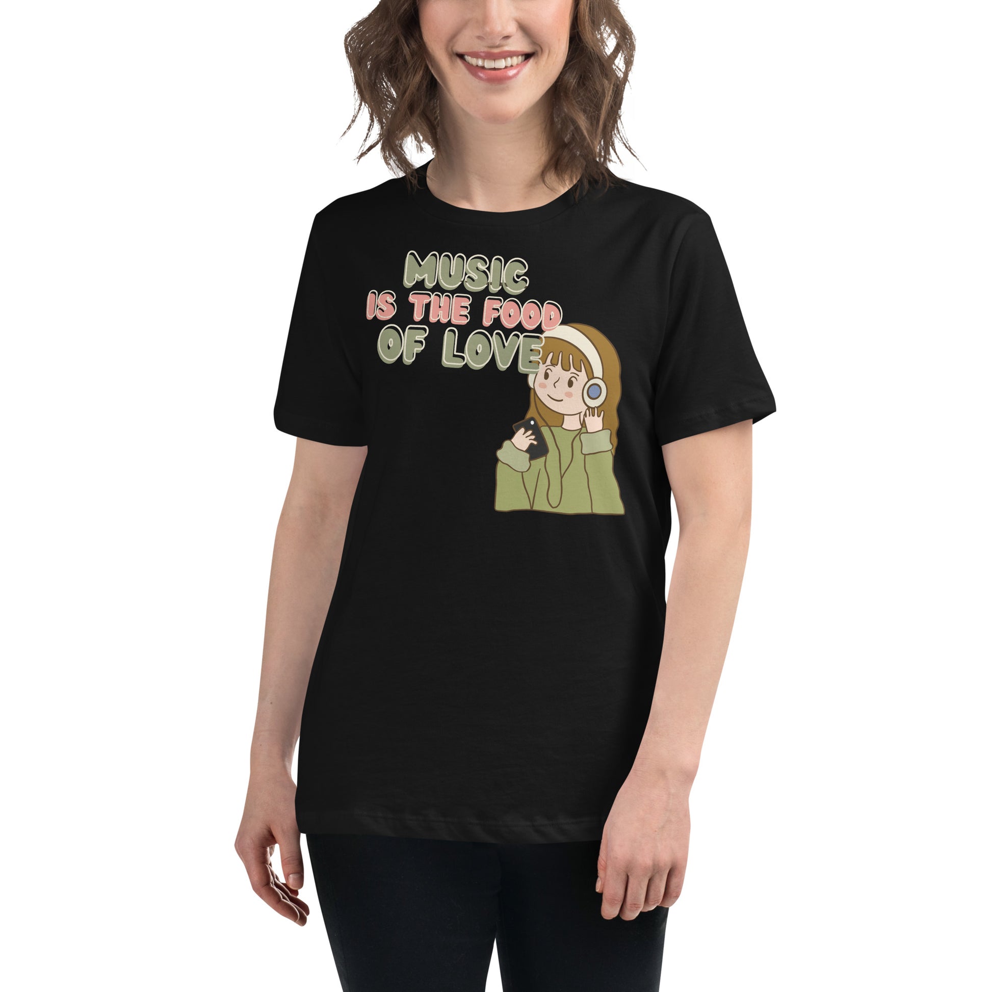 Music Is the Food of Love Headphones Black Motivational Women’s T-Shirt Lifestyle