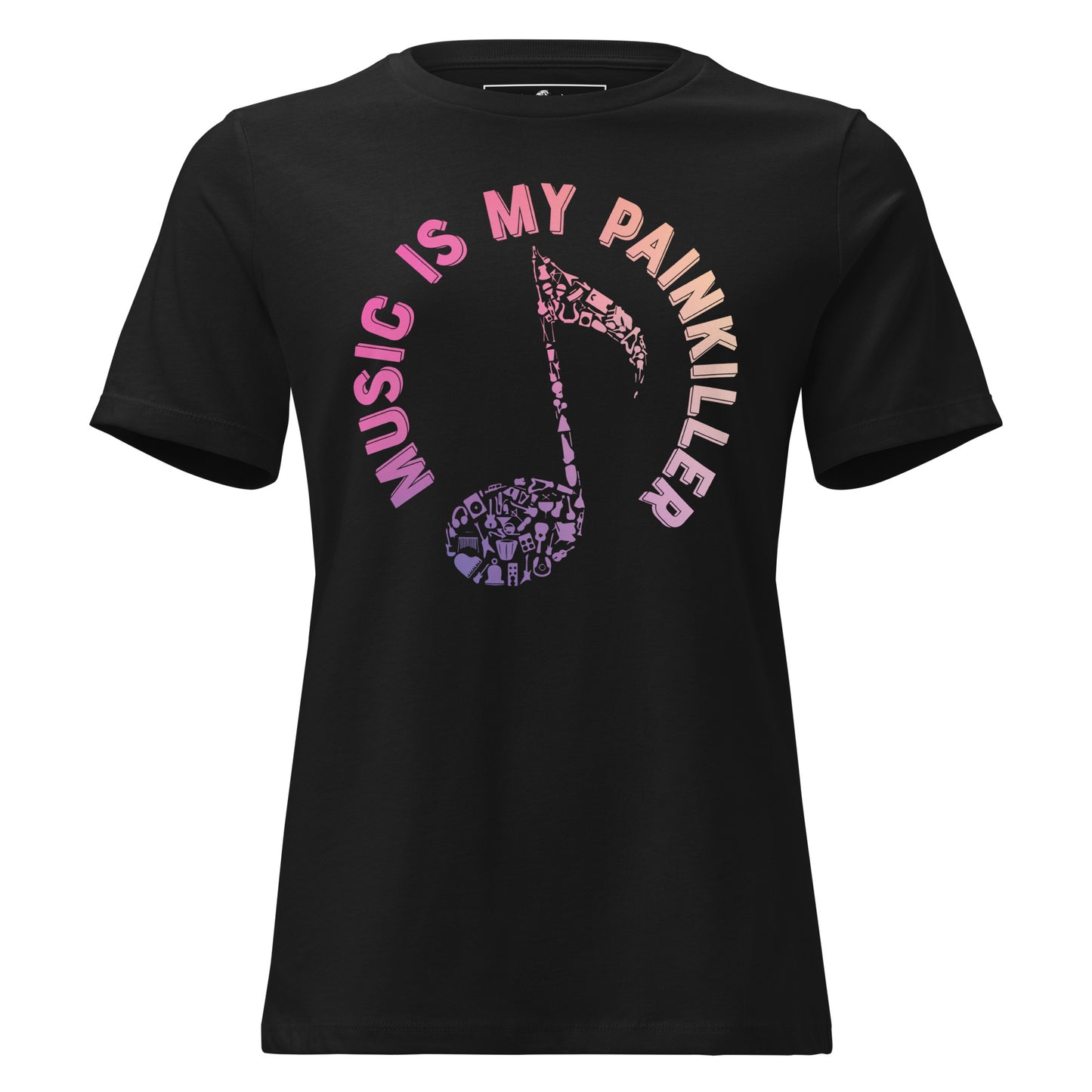 Music is My Painkiller Icon Note Black Motivational Women’s T-Shirt