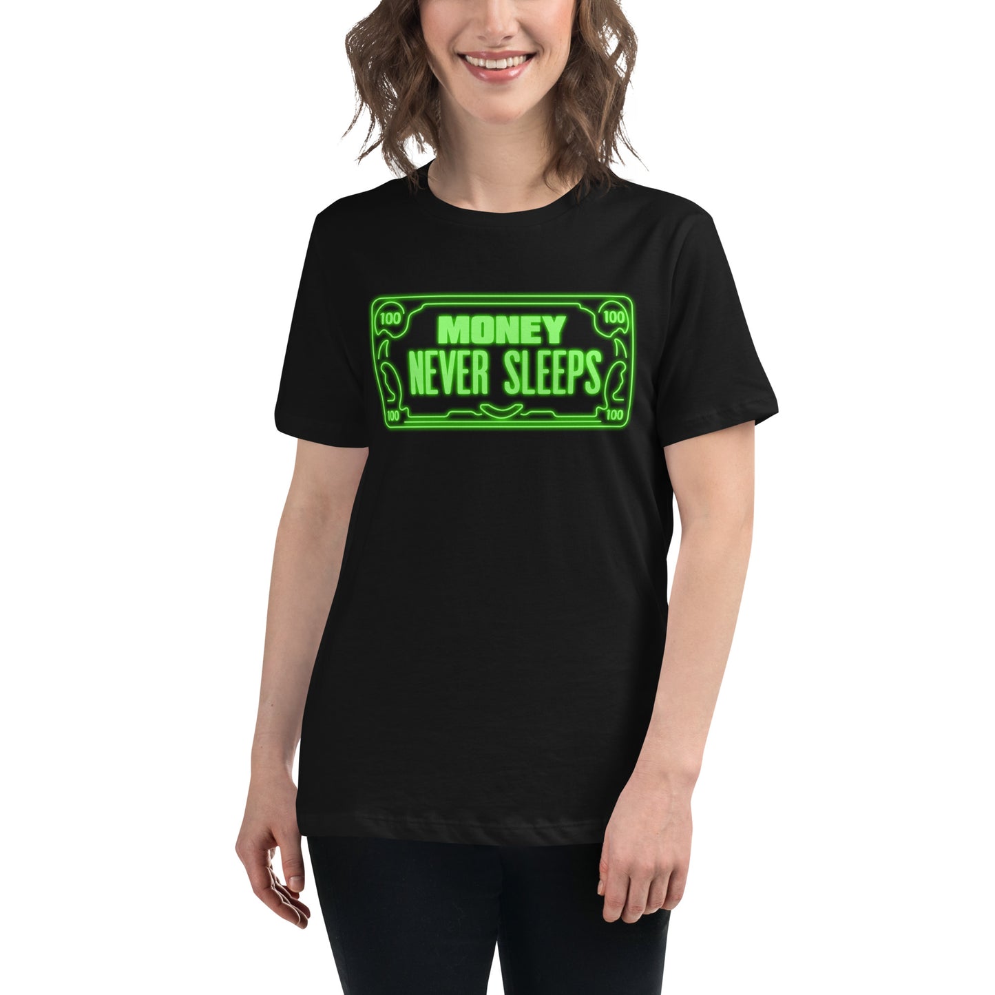 Neon Money Never Sleeps Black Motivational Women’s T-Shirt Lifestyle