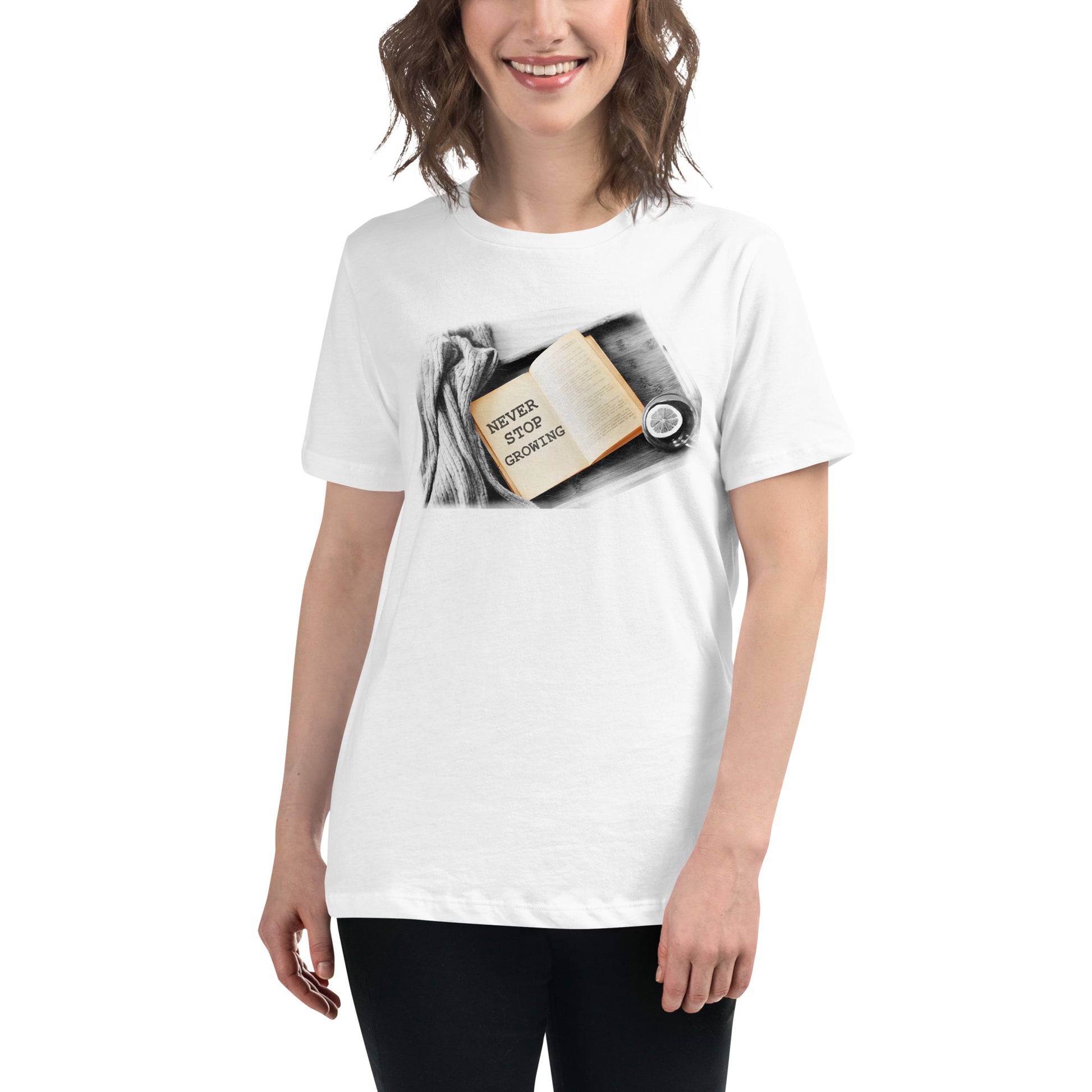 Never Stop Growing - Cozy Reading White Motivational Women’s T-Shirt Lifestyle