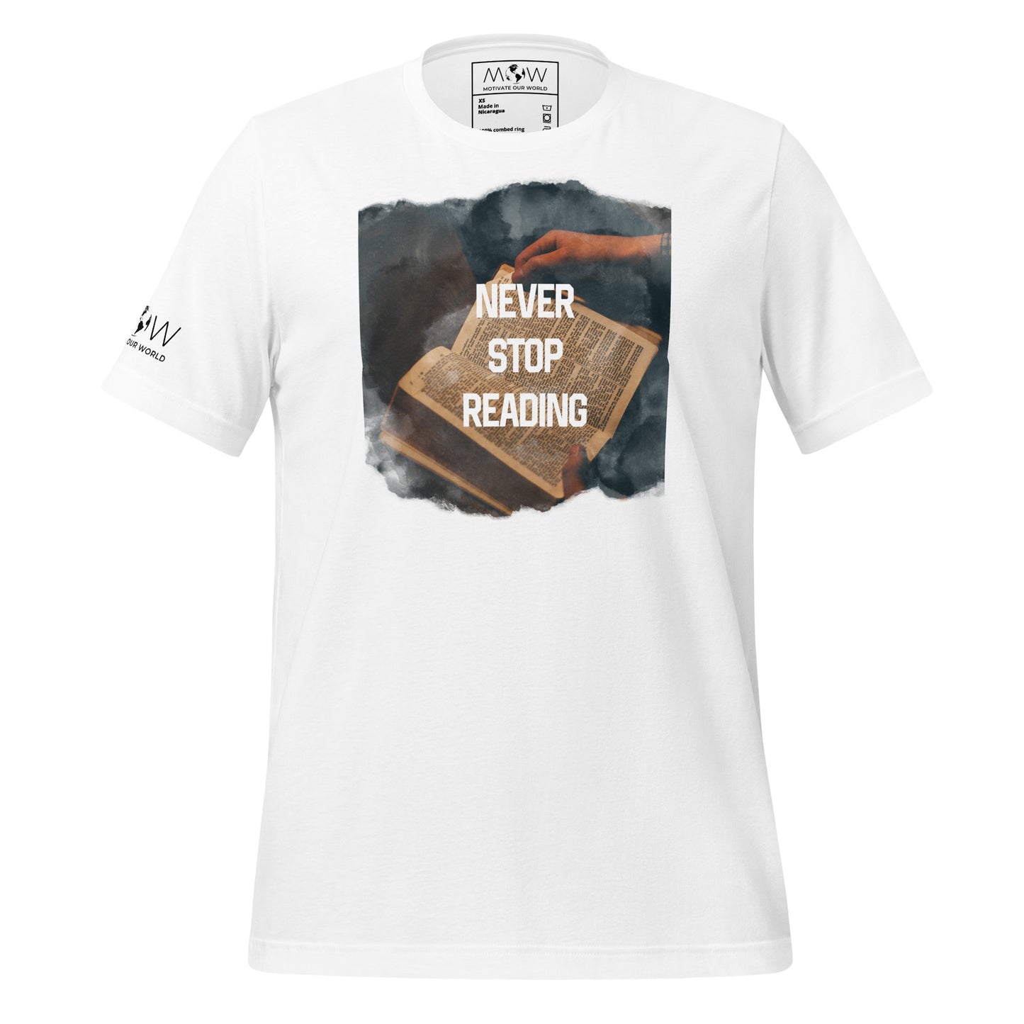 Never Stop Reading Books White Motivational Men's T-Shirt