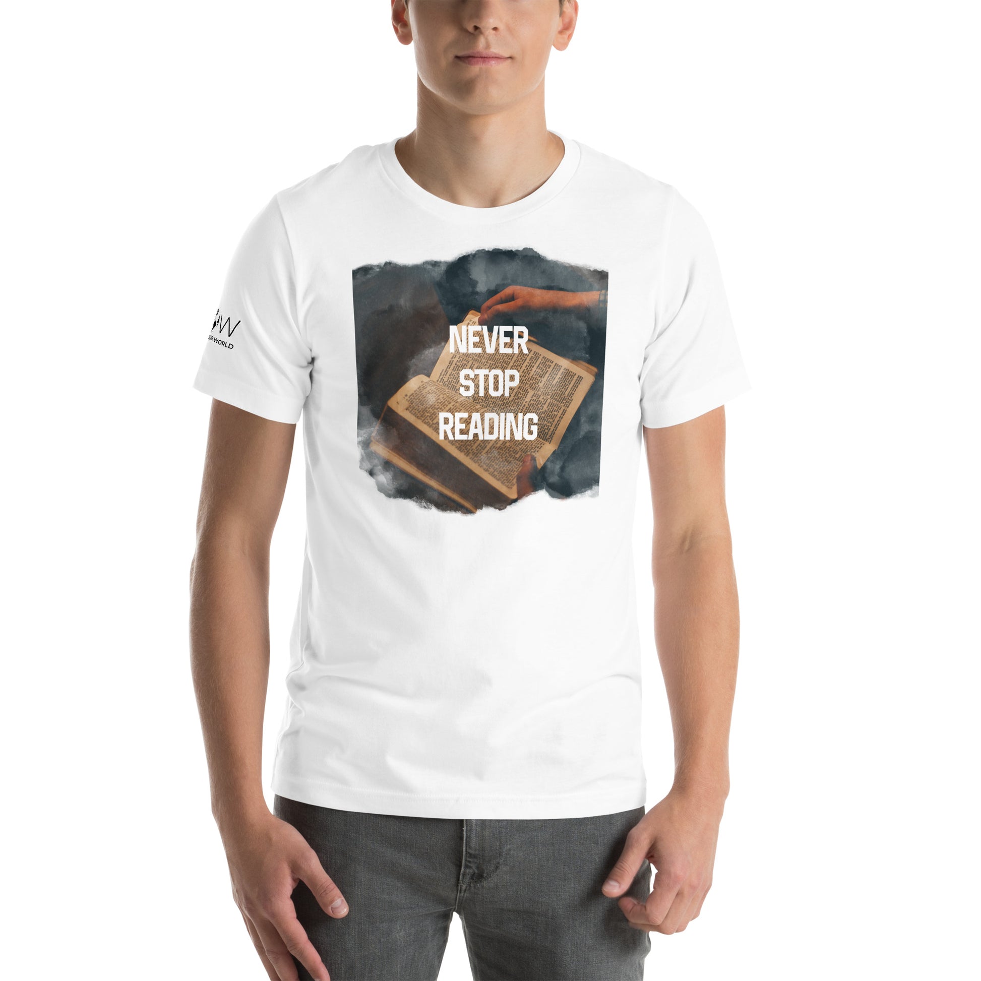 Never Stop Reading Books White Motivational Men's T-Shirt