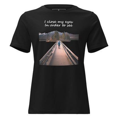 Path to Peace (Bridge & Mountains Design) Black Motivational Women’s T-Shirt