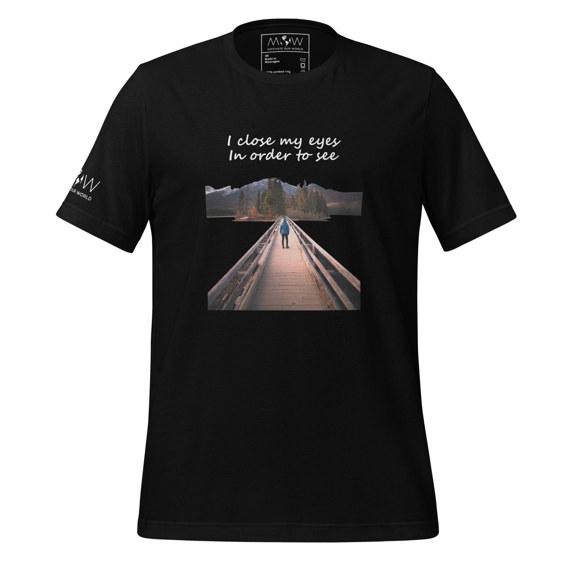 Path to Peace (Bridge & Mountains Design) Men's Motivational Black T-Shirt