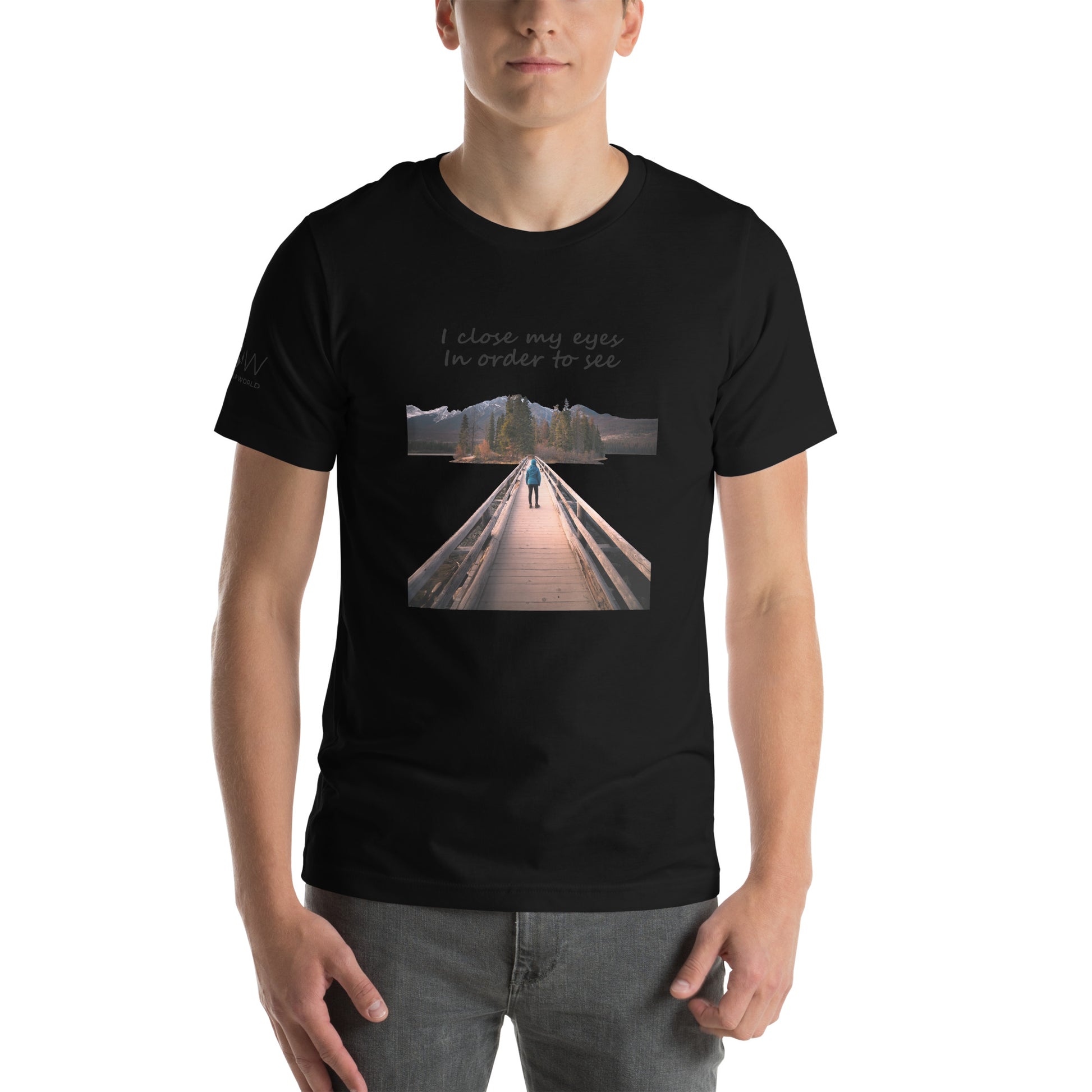 Path to Peace (Bridge & Mountains Design) Men's Motivational Black T-Shirt