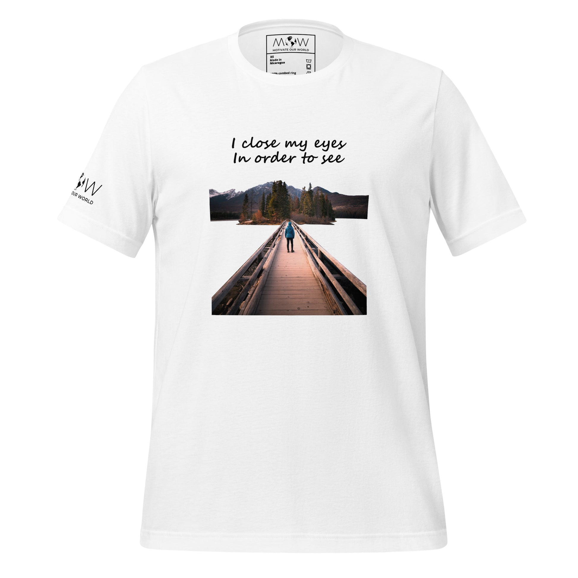 Path to Peace (Bridge & Mountains Design) Men's Motivational White T-Shirt