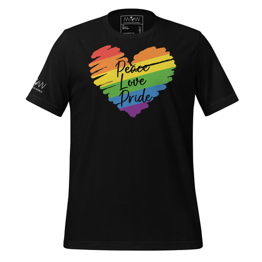 Peace Love Pride Rainbow Heart LGBTQ+ Black Motivational Men's T-Shirt