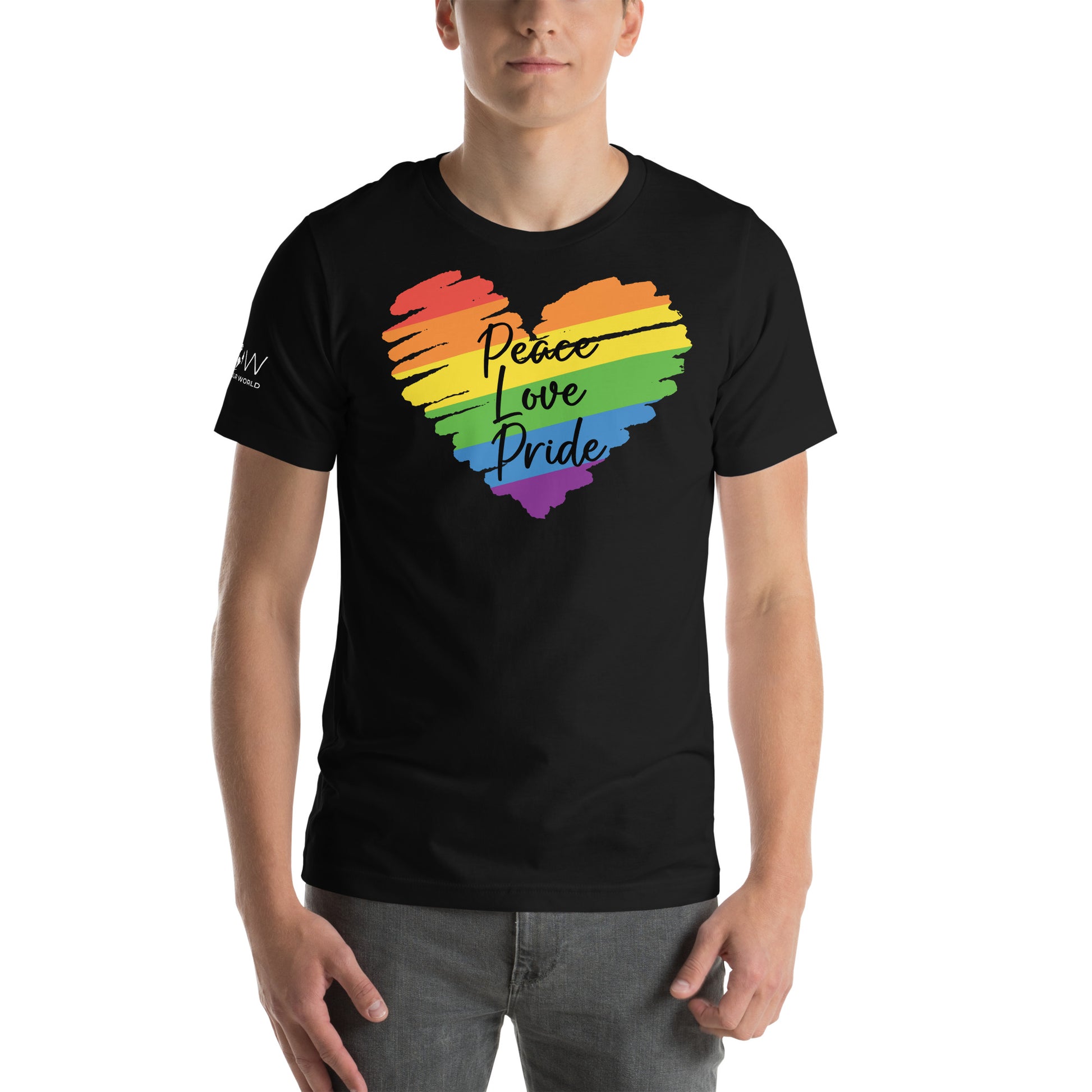 Peace Love Pride Rainbow Heart LGBTQ+ Black Motivational Men's T-Shirt