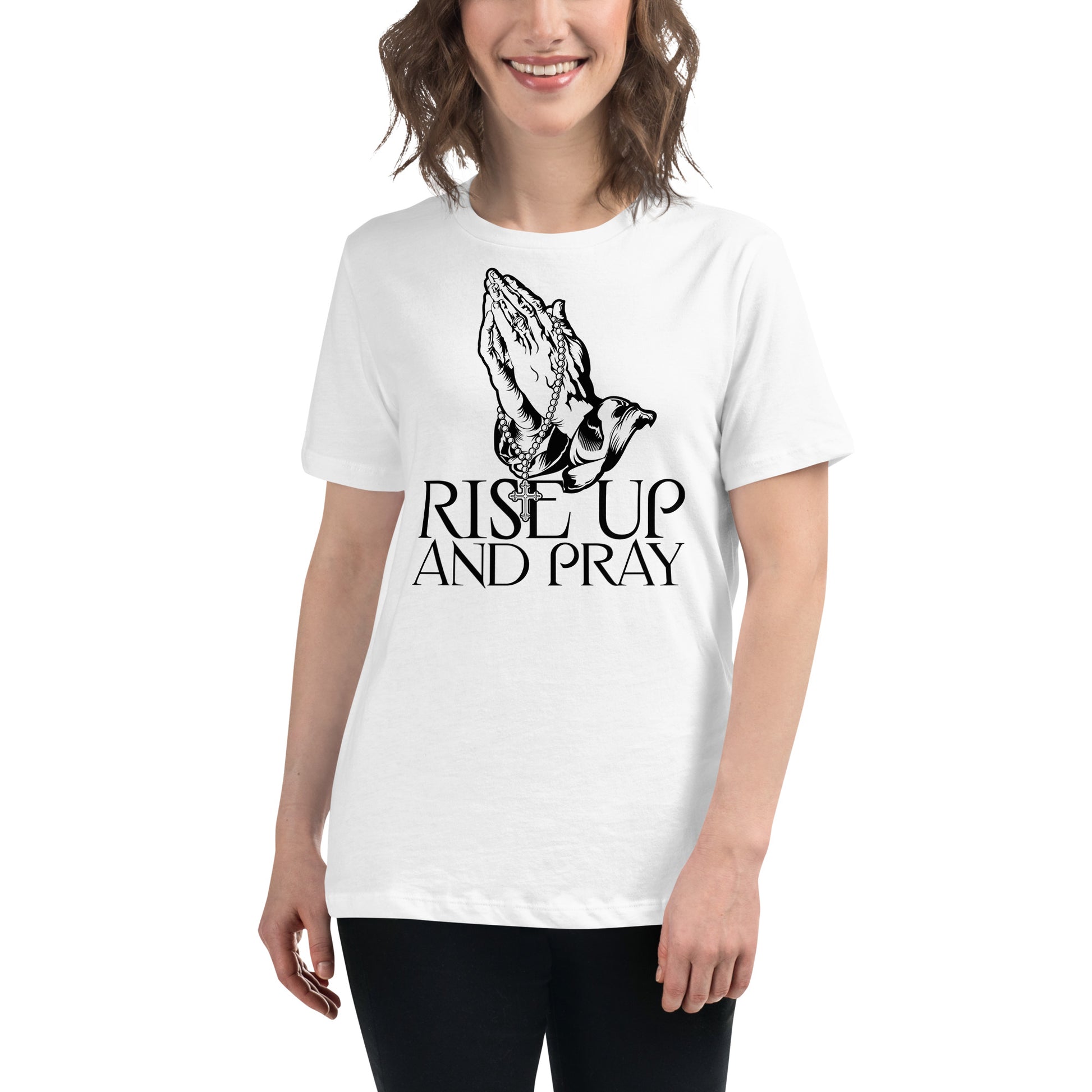 Praying Hands with Rosary Design White Motivational Women’s T-Shirt Lifestyle