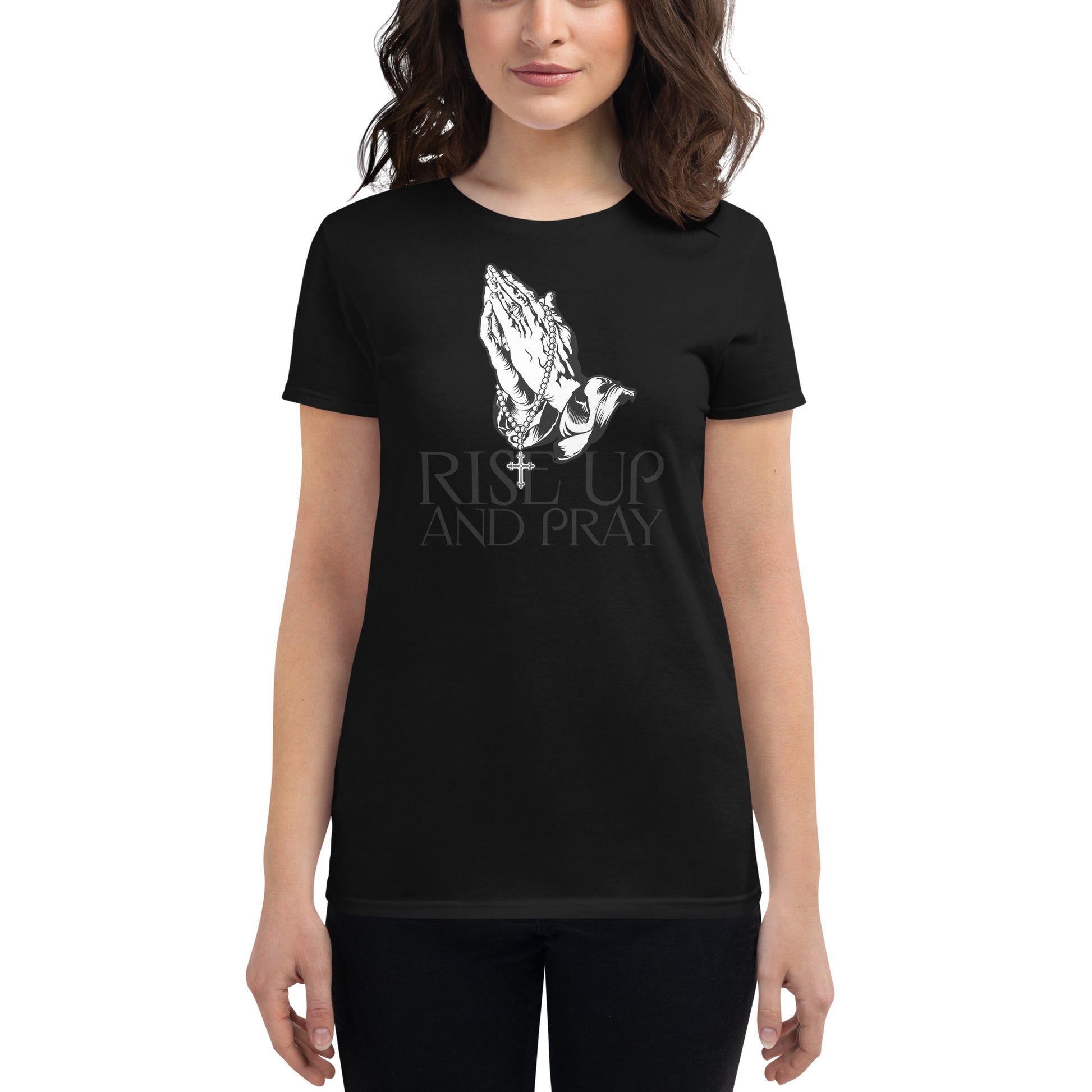 Praying Hands with Rosary Women’s Motivational Black T-Shirt