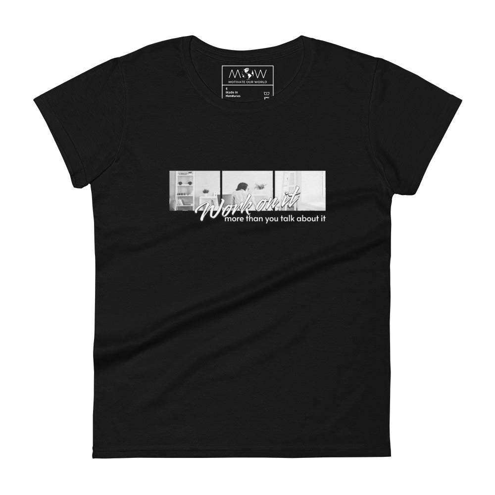 Product mockupWork On It More Than You Talk About It Women’s Motivational Black T-Shirt