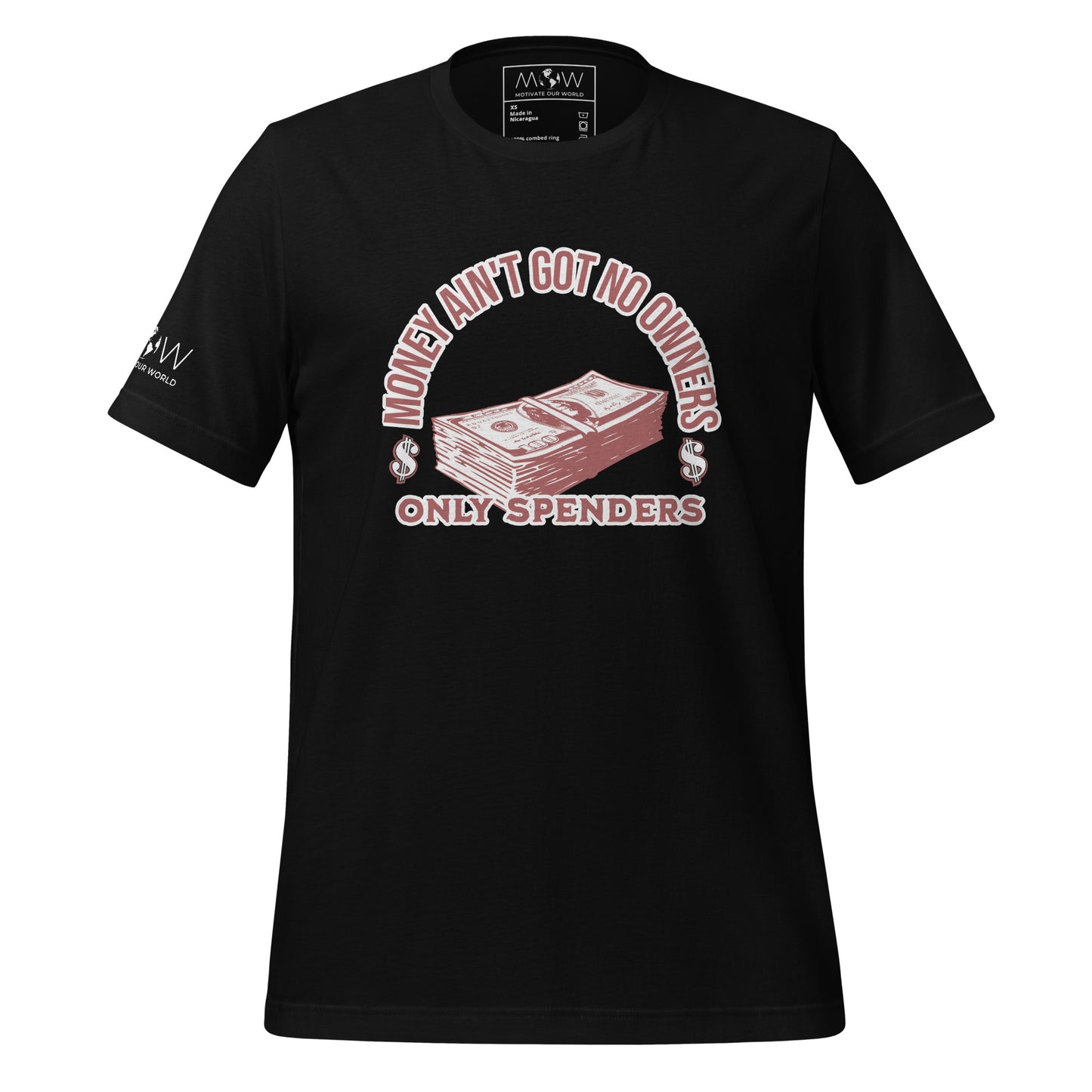 Product mockup"Money Ain't Got No Owners, Only Spenders" Men's Motivational Black T-Shirt