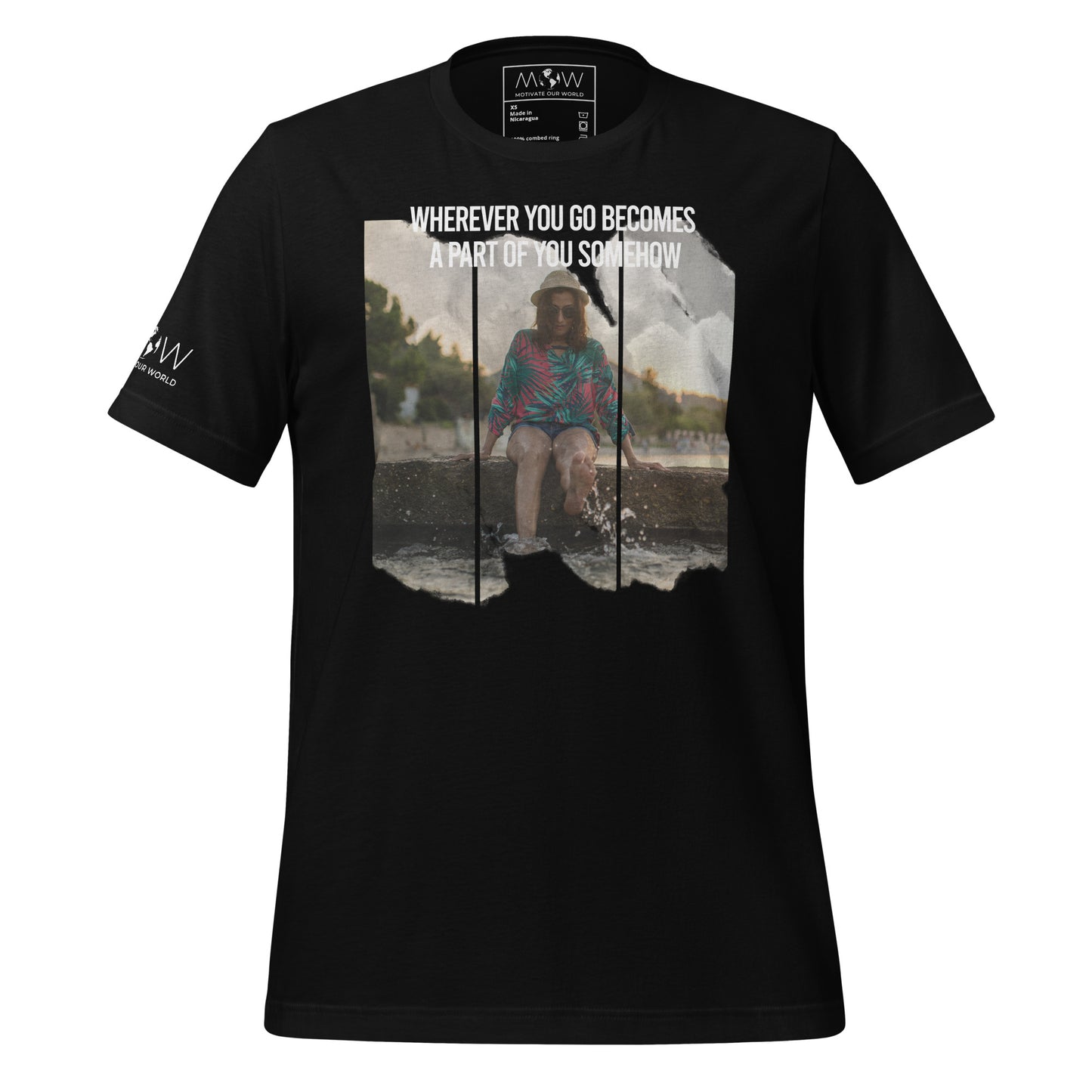 Product mockup"Wherever You Go Becomes a Part of You Somehow" Men's Motivational Black T-Shirt