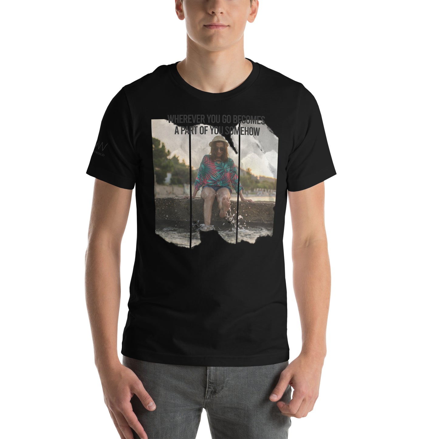 Product mockup"Wherever You Go Becomes a Part of You Somehow" Men's Motivational Black T-Shirt