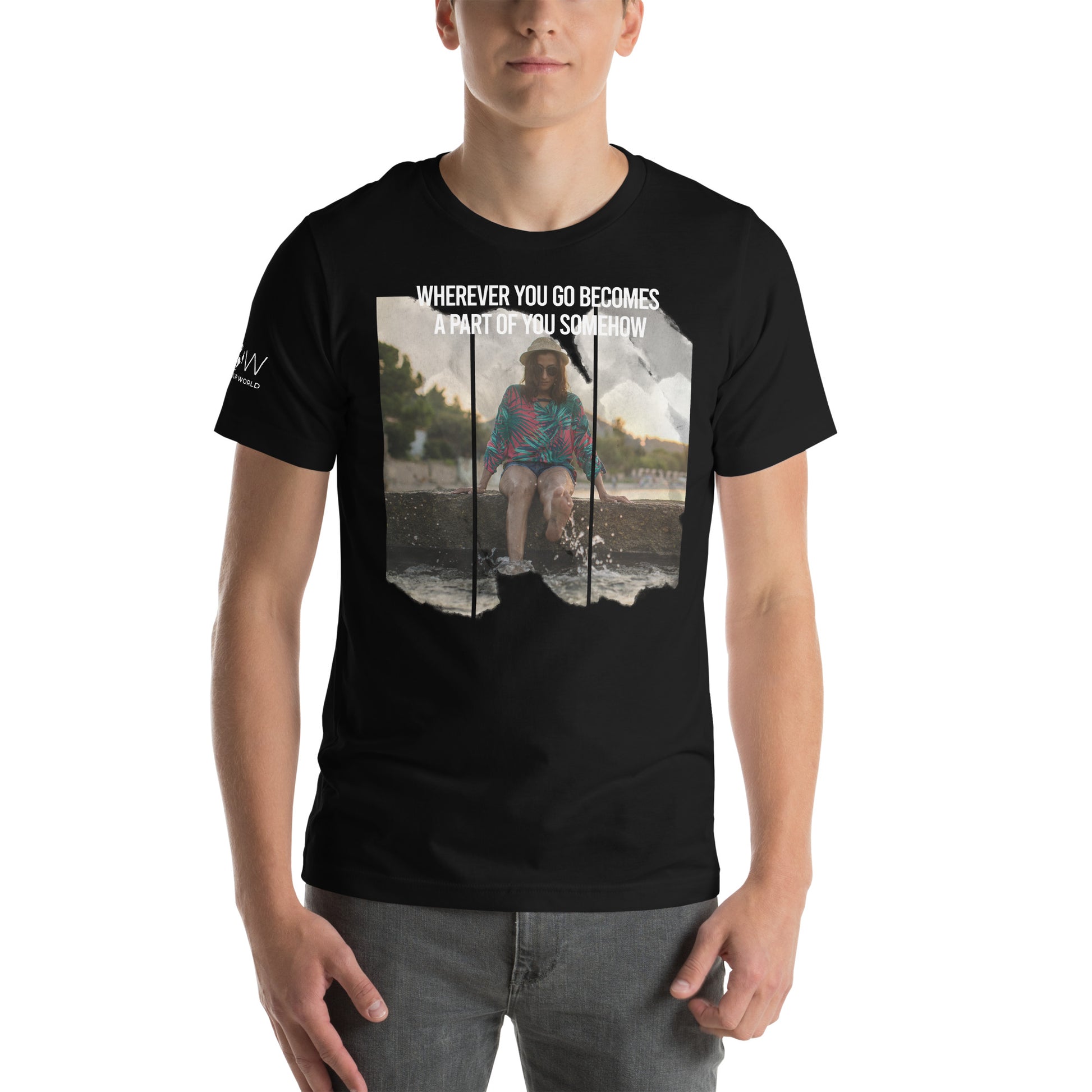 Product mockup"Wherever You Go Becomes a Part of You Somehow" Men's Motivational Black T-Shirt