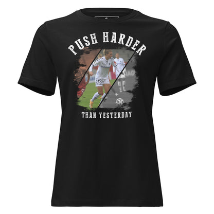 “Push Harder Than Yesterday – Soccer Edition” Black Motivational Women’s T-Shirt