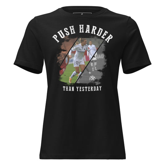 “Push Harder Than Yesterday – Soccer Edition” Black Motivational Women’s T-Shirt