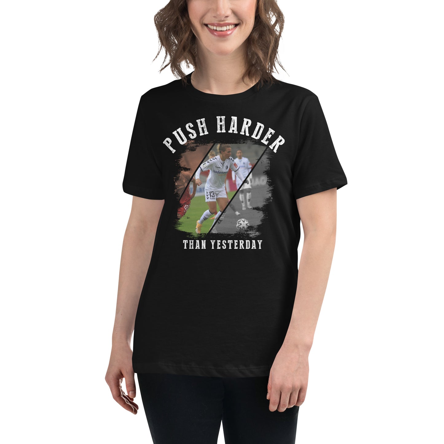 “Push Harder Than Yesterday – Soccer Edition” Black Motivational Women’s T-Shirt Lifestyle