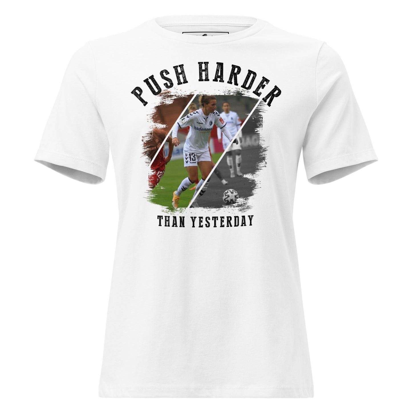 “Push Harder Than Yesterday – Soccer Edition” White Motivational Women’s T-Shirt