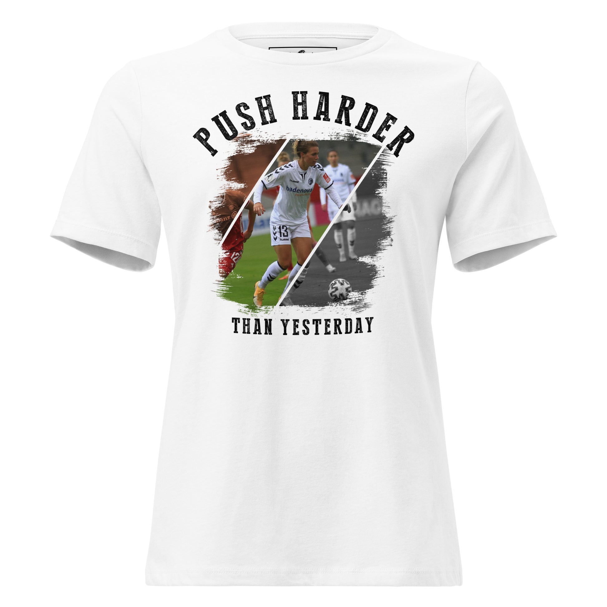 “Push Harder Than Yesterday – Soccer Edition” White Motivational Women’s T-Shirt