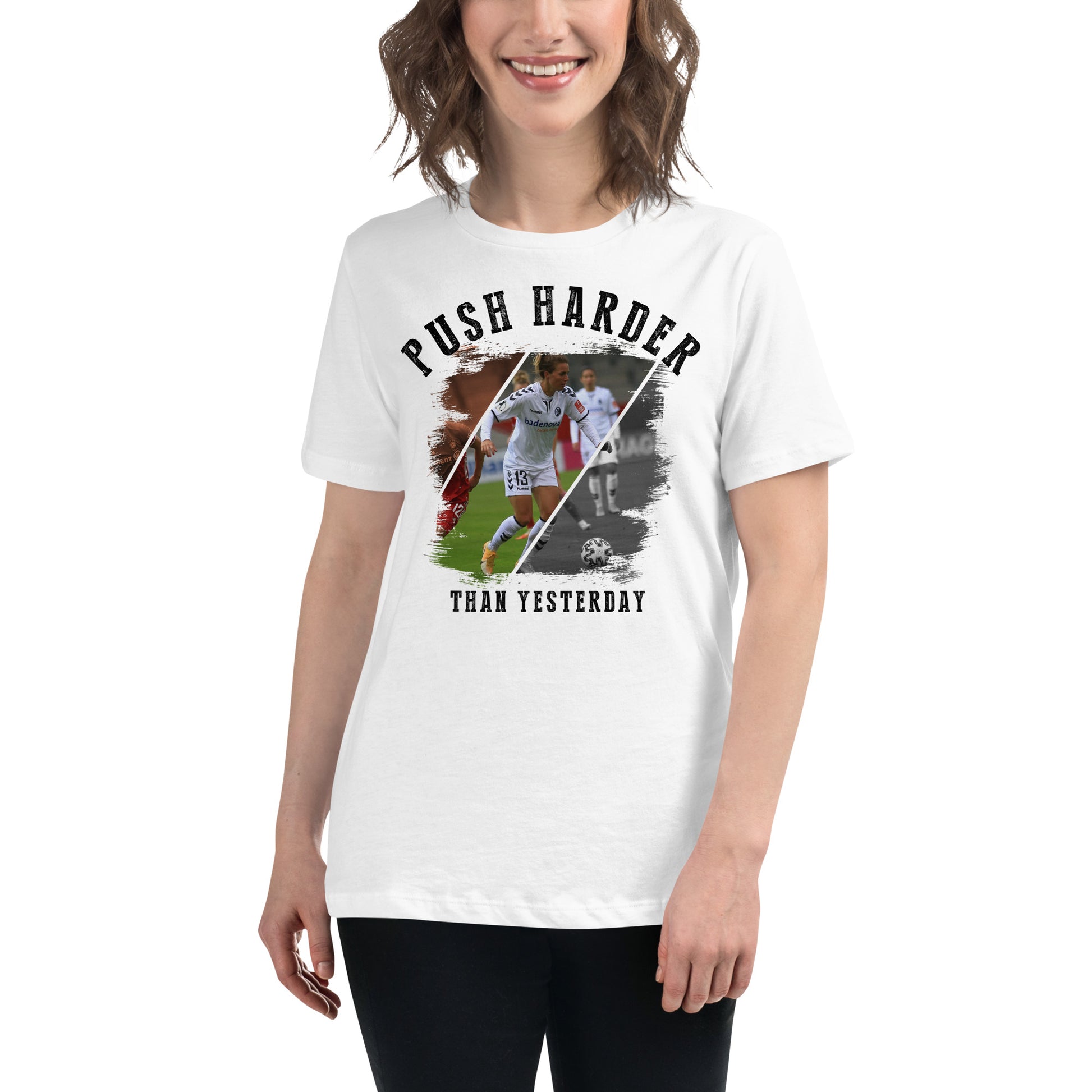 “Push Harder Than Yesterday – Soccer Edition” White Motivational Women’s T-Shirt Lifestyle