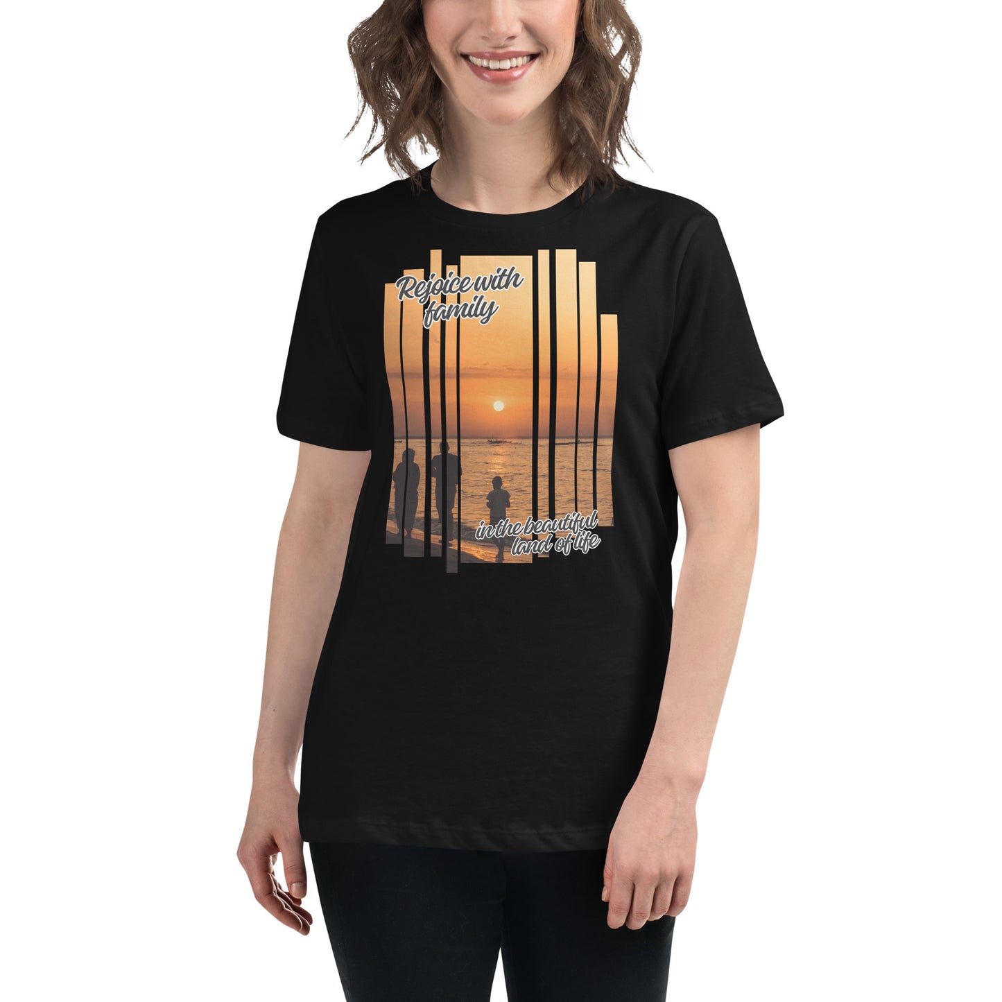 Rejoice With Family – Sunset Stripes Black Motivational Women’s T-Shirt Lifestyle