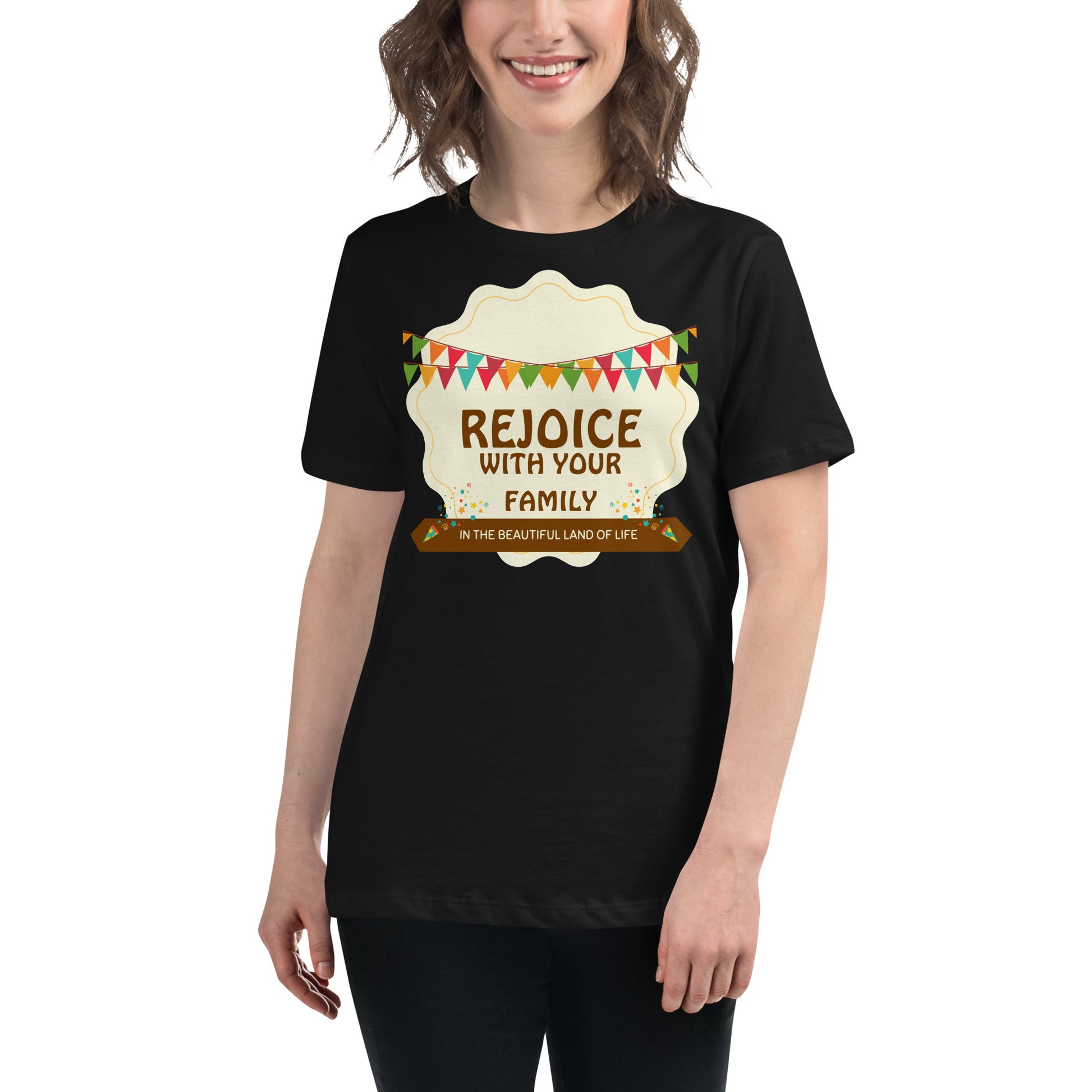 Rejoice With Your Family Black Motivational Women’s T-Shirt Lifestyle