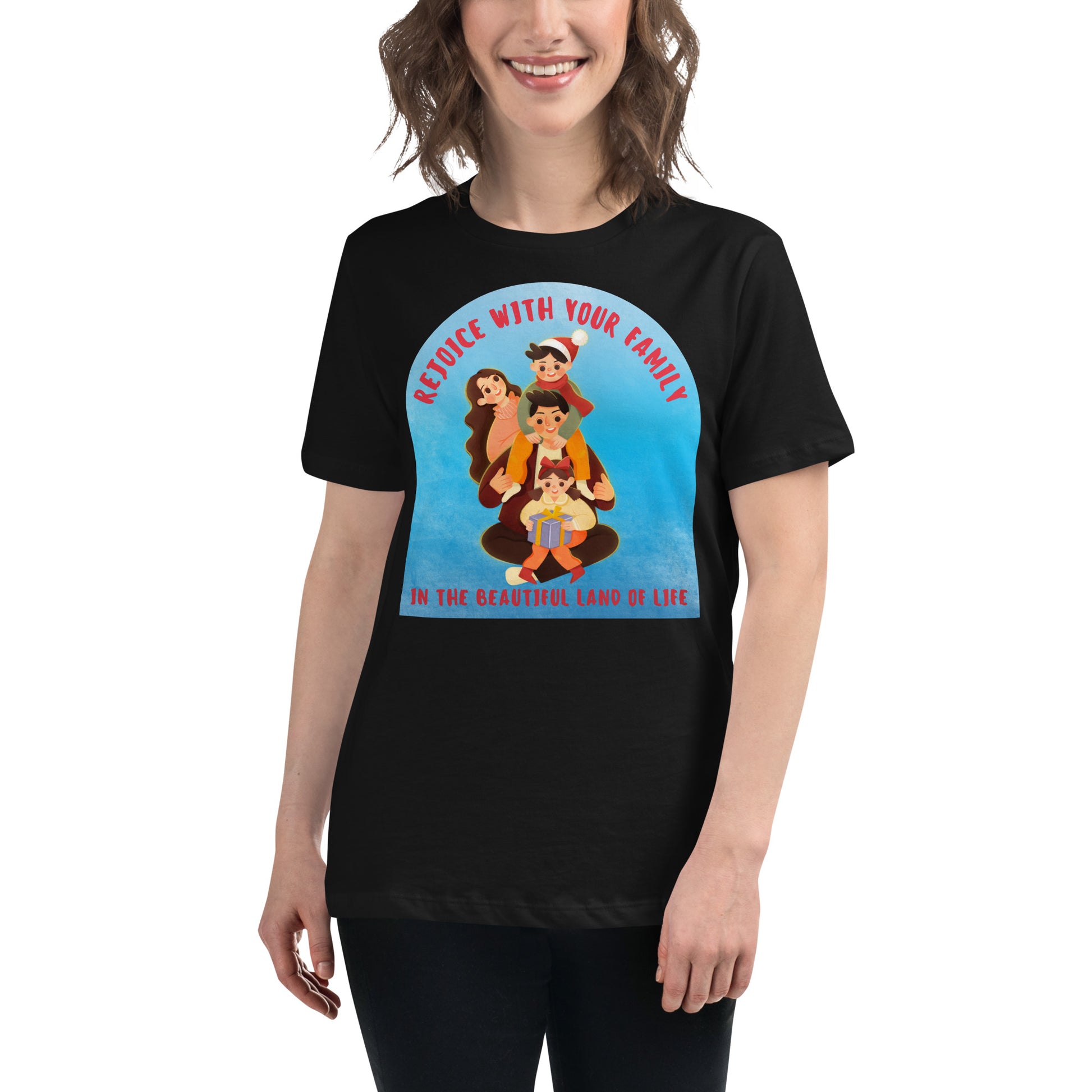 Rejoice With Your Family – Land of Life Black Motivational Women’s T-Shirt Lifestyle