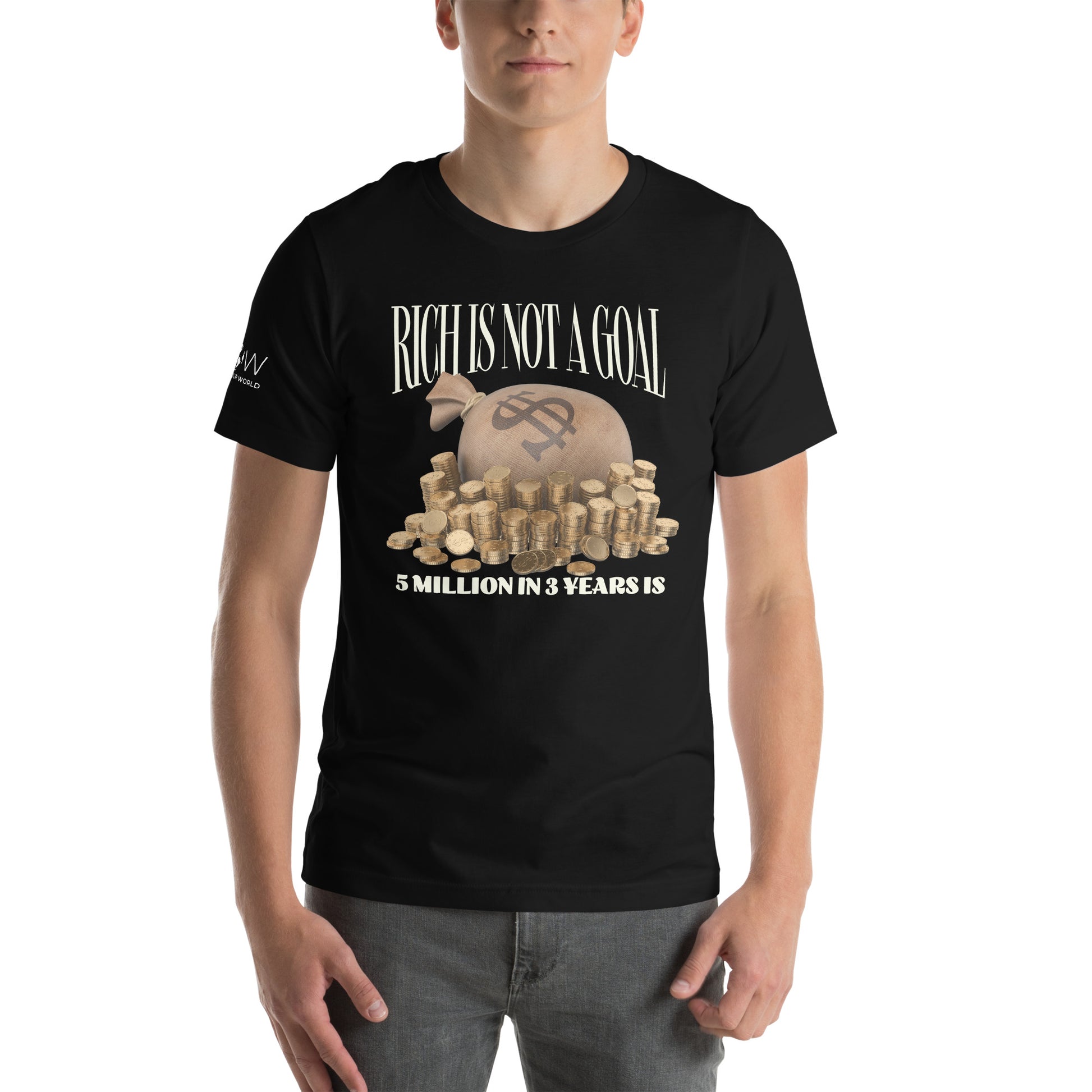 "Rich Is Not a Goal – 5 Million in 3 Years Is" Men’s Motivational Black T-Shirt