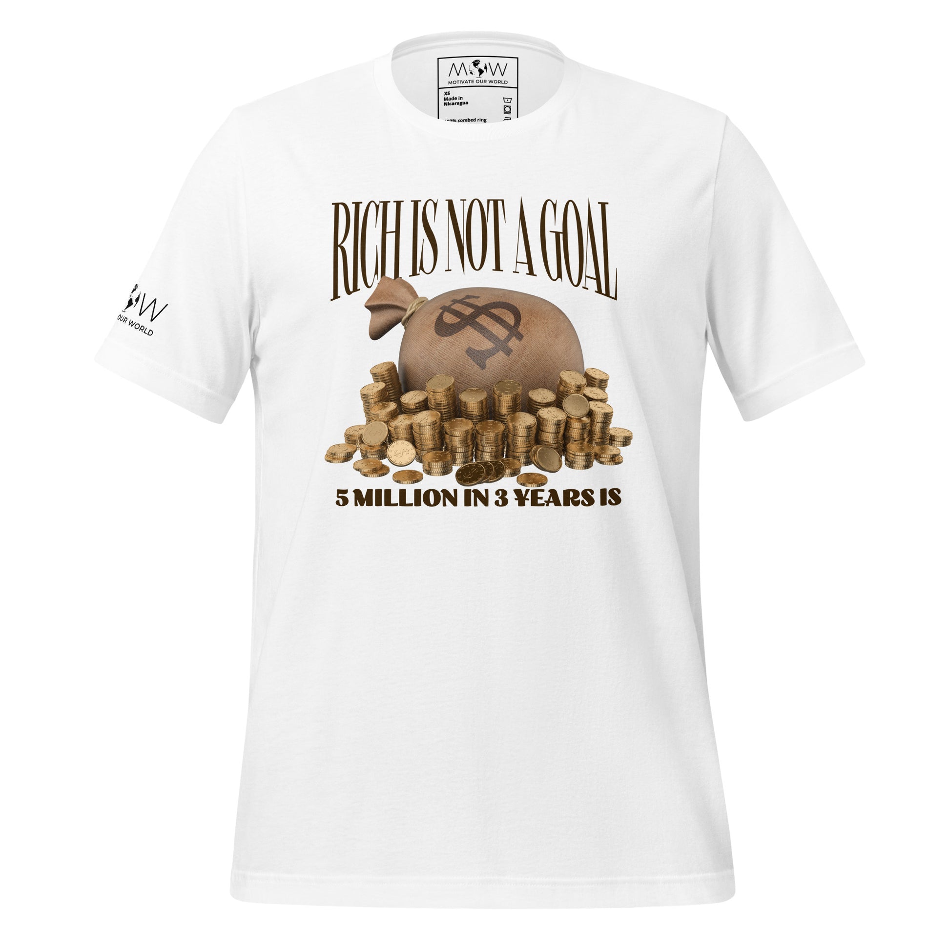 "Rich Is Not a Goal – 5 Million in 3 Years Is" Men’s Motivational White T-Shirt