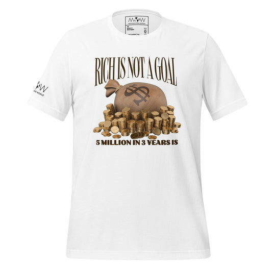 "Rich Is Not a Goal – 5 Million in 3 Years Is" Men’s Motivational White T-Shirt