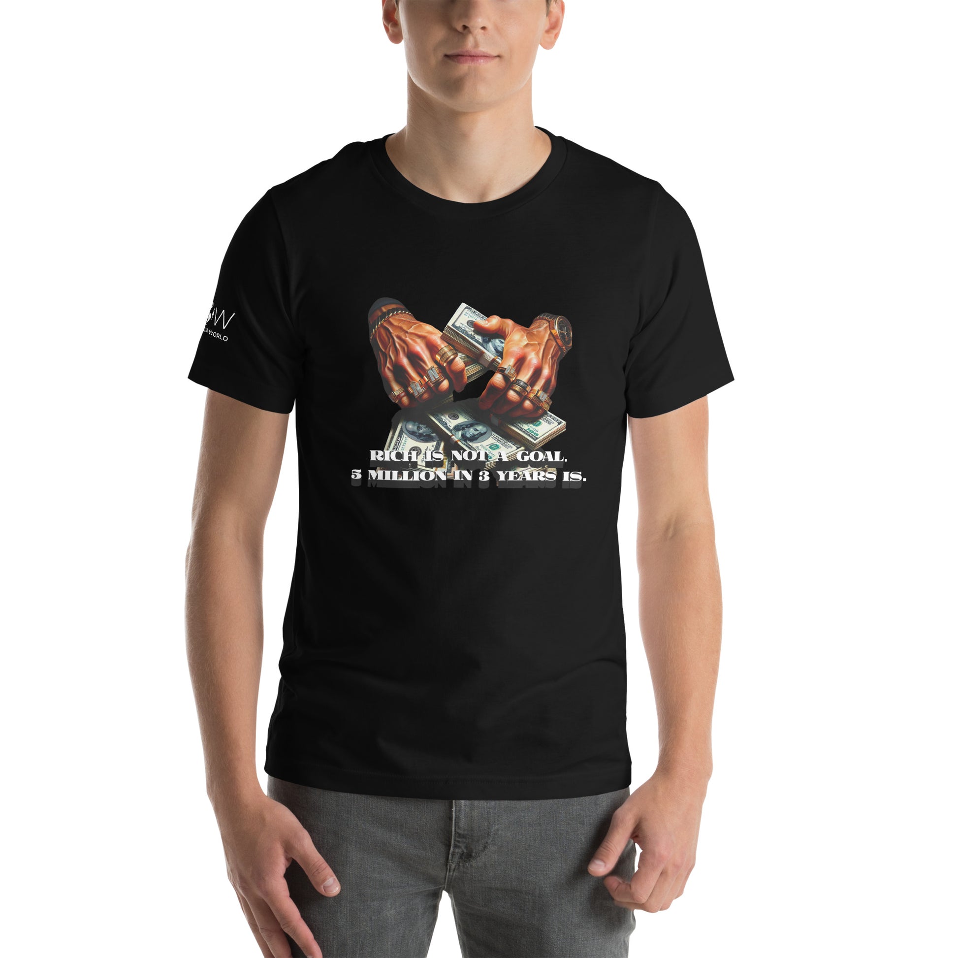 "Rich Is Not a Goal, $5 Million in 3 Years Is" Men’s Motivational Black T-Shirt