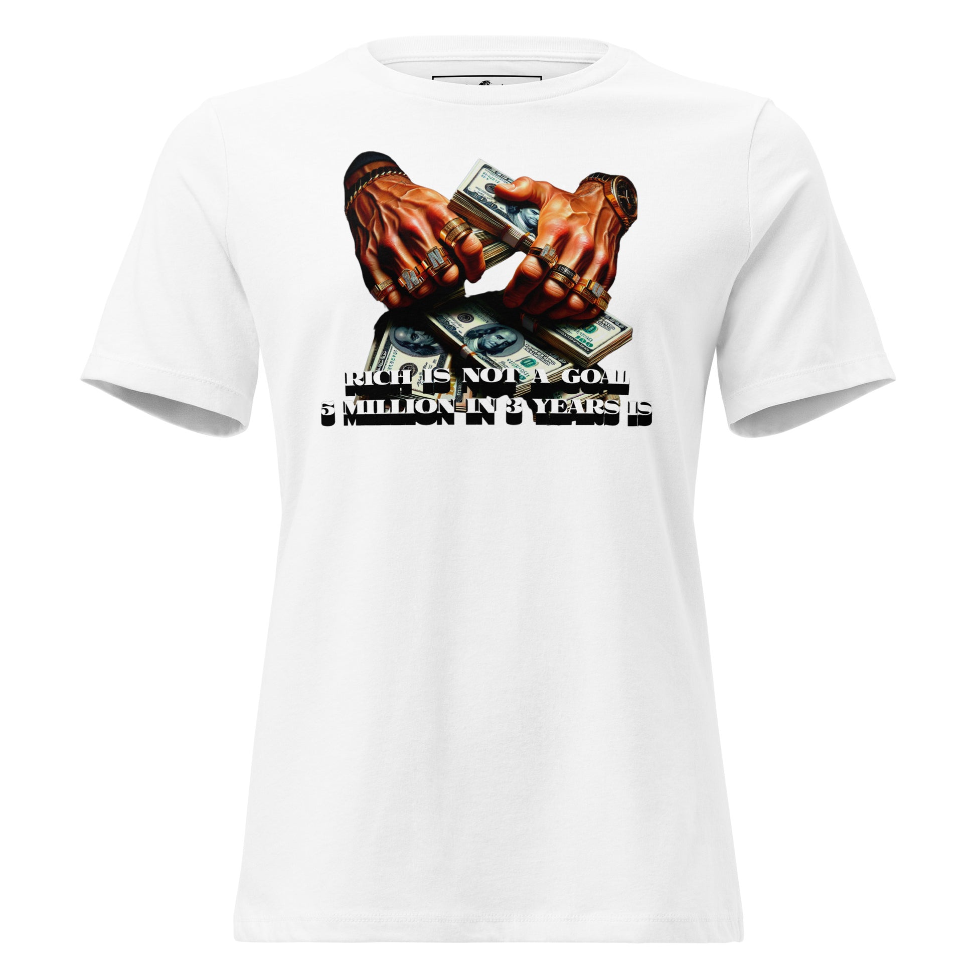 "Rich Is Not a Goal, $5 Million in 3 Years Is" White Motivational Women’s T-Shirt