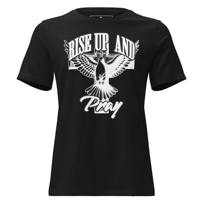 Rise Up and Pray (Dove and Cross Design) Black Motivational Women’s T-Shirt
