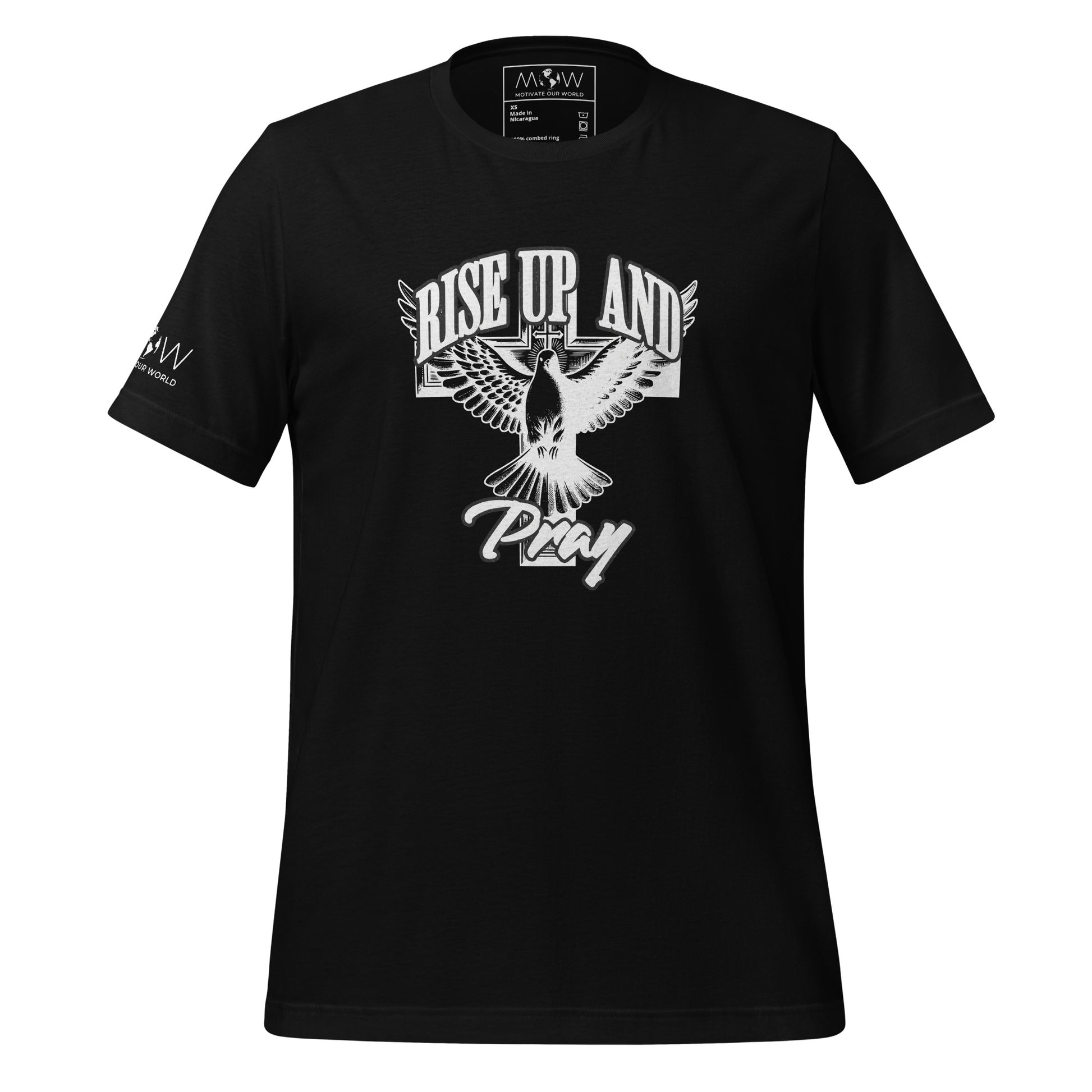 Rise Up and Pray (Dove and Cross Design) Men's Motivational Black T-Shirt