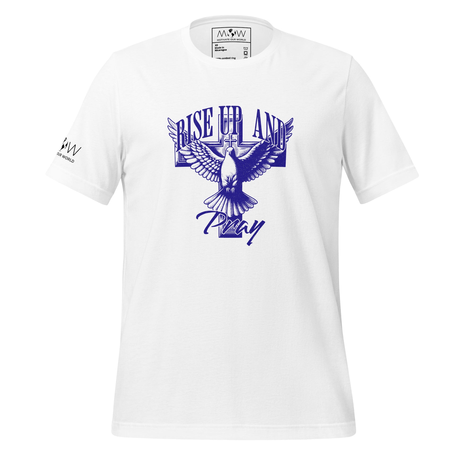 Rise Up and Pray (Dove and Cross Design) Men's Motivational White T-Shirt