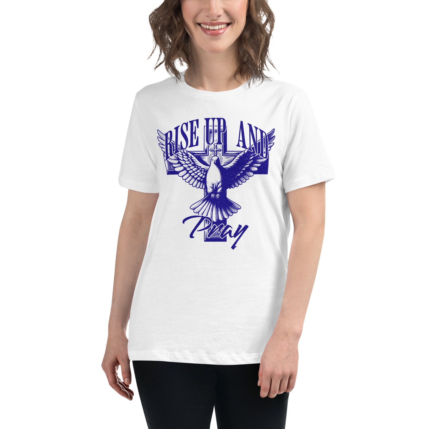 Rise Up and Pray (Dove and Cross Design) White Motivational Women’s T-Shirt Lifestyle