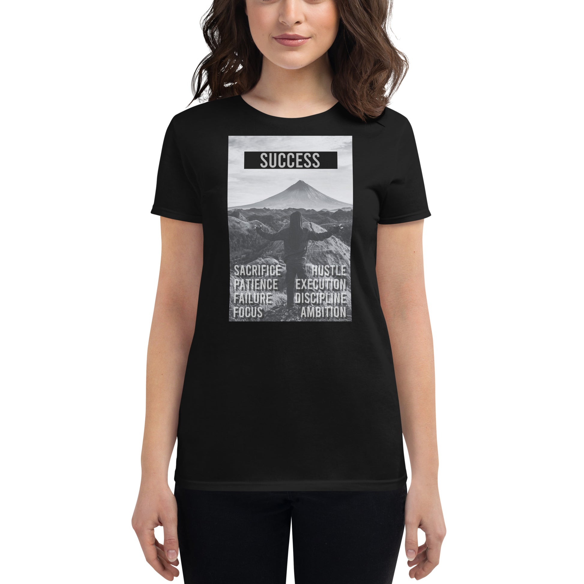 Sacrifice, Hustle, Focus Women’s Motivational Black T-Shirt