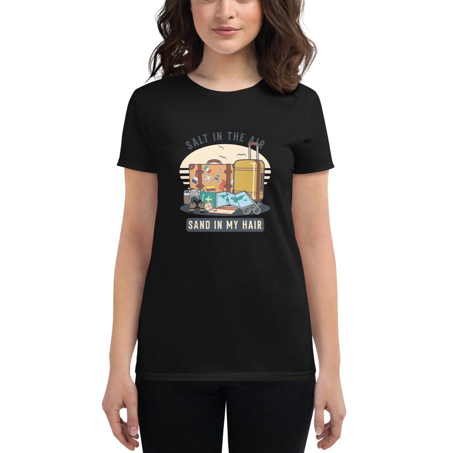 Salt in the Air, Sand in My Hair (Travel Edition) Women’s Motivational Black T-Shirt