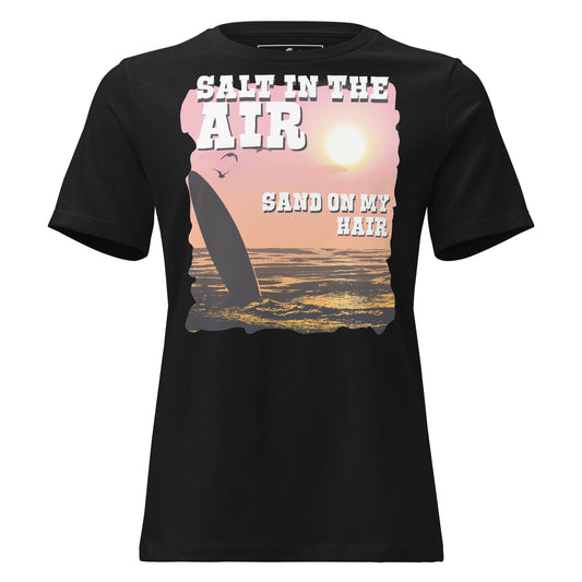 Salt in the Air, Sand on My Hair (Sunset Surf Design) Black Motivational Women’s T-Shirt 