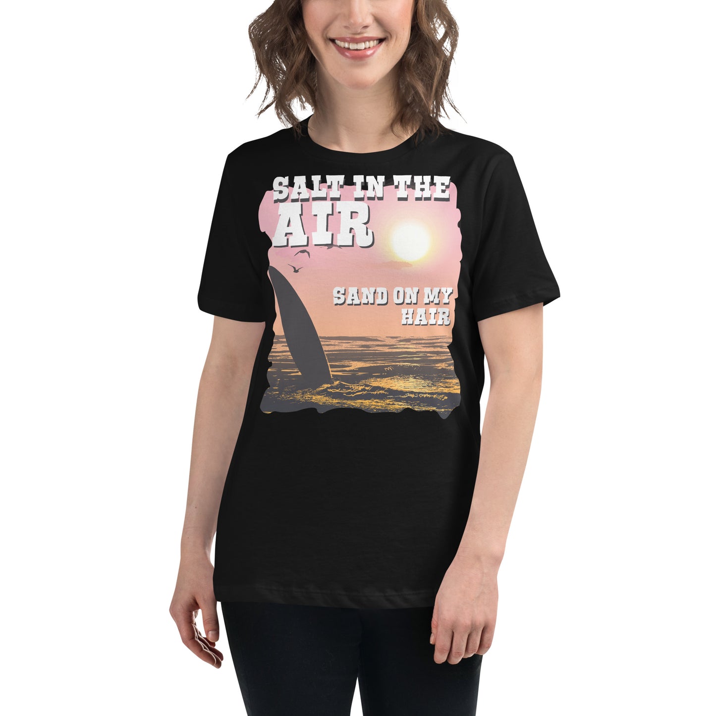 Salt in the Air, Sand on My Hair (Sunset Surf Design) Black Motivational Women’s T-Shirt 