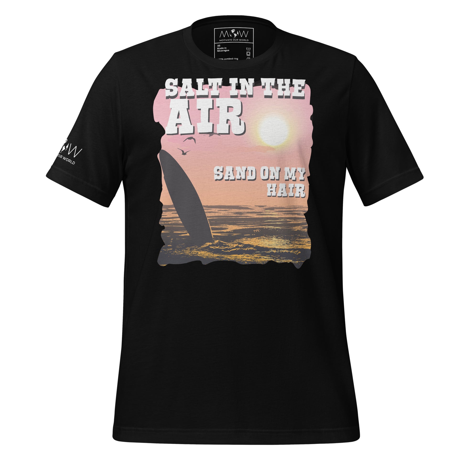 Salt in the Air, Sand on My Hair (Sunset Surf Design) Men's Motivational Black T-Shirt