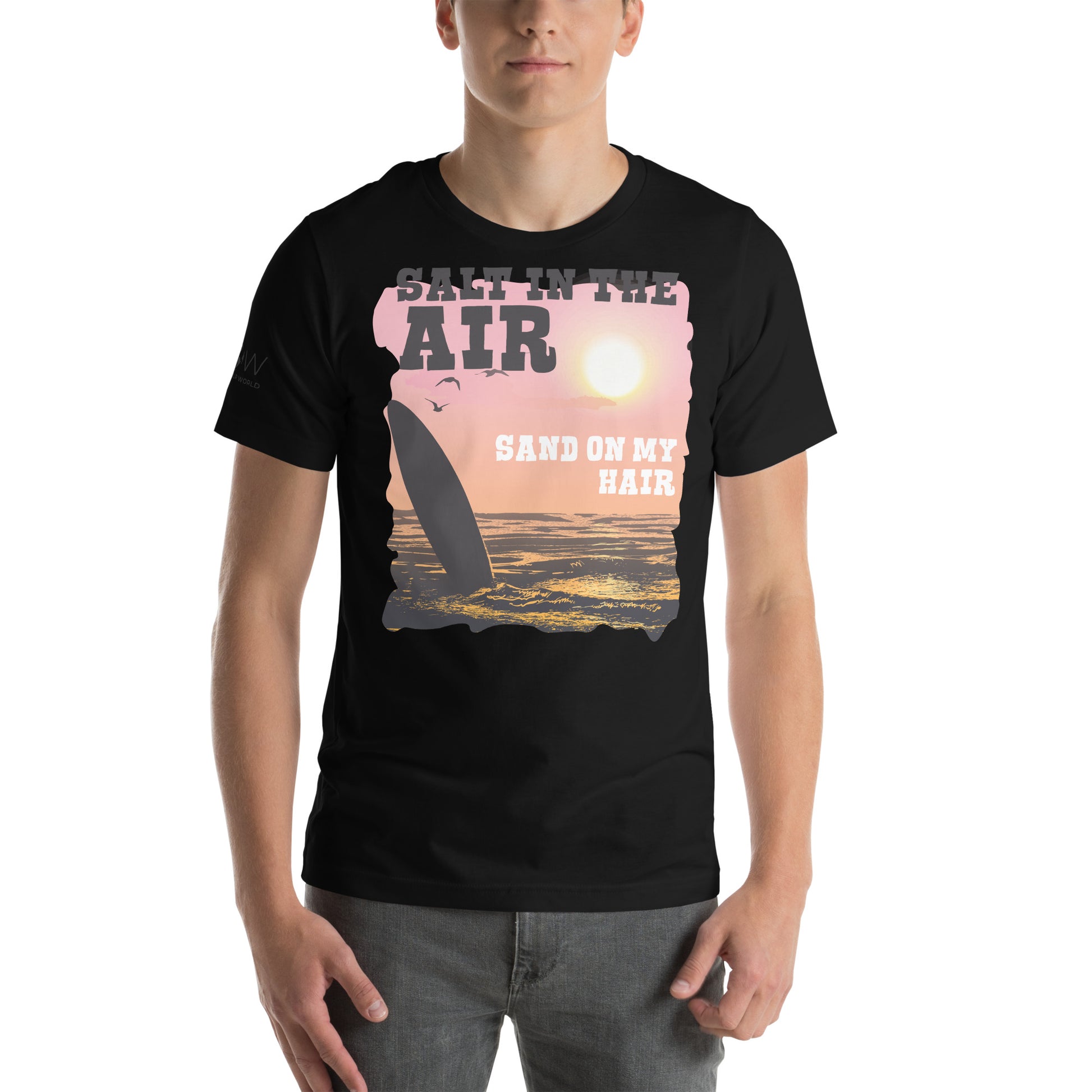 Salt in the Air, Sand on My Hair (Sunset Surf Design) Men's Motivational Black T-Shirt